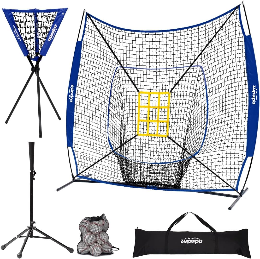 Zupapa Baseball Softball Practice Combo - 7 X 7 Feet Net Tee Caddy 12 Pack Baseballs Set, Upgraded Vivid Strike Zone, Baseball Backstop Practice Net for Hitting Pitching Batting Catching