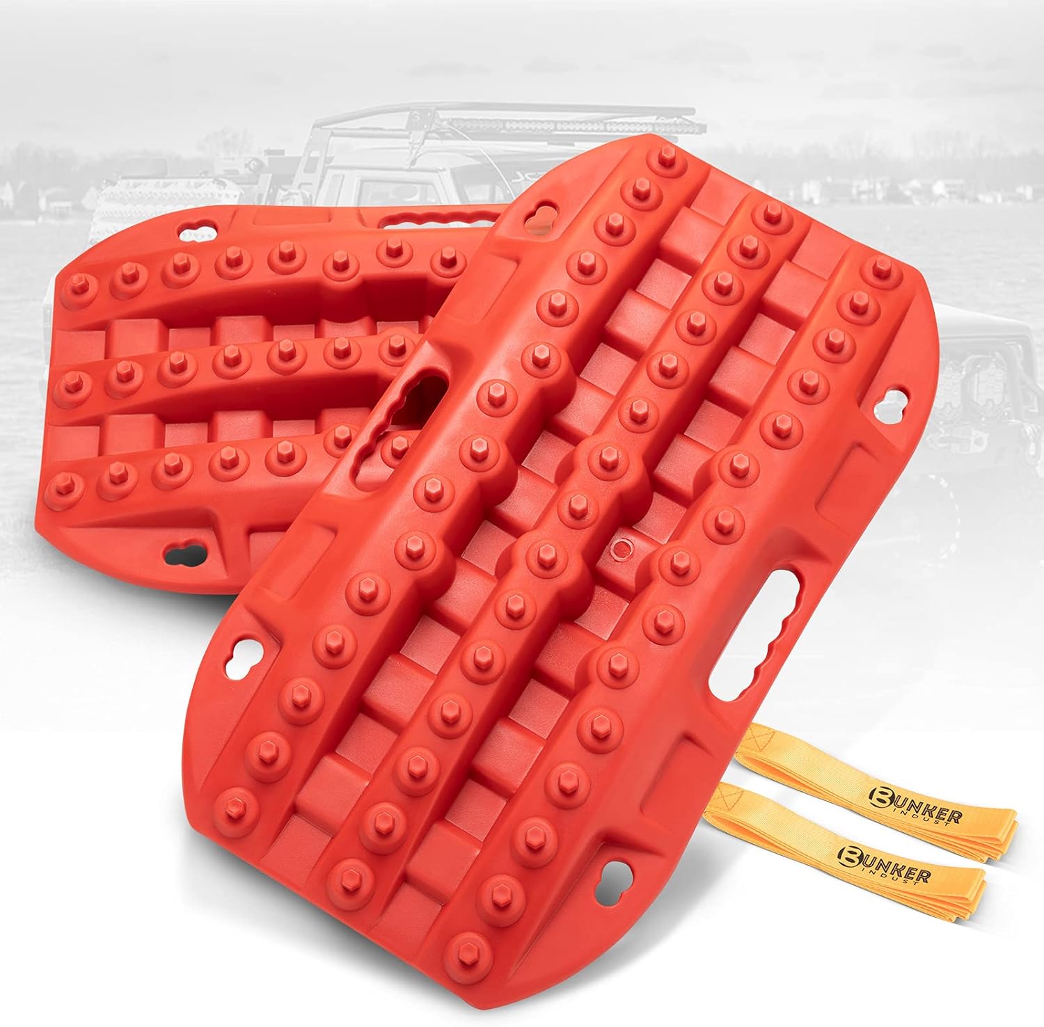 BUNKER INDUST Off-Road Traction Boards, 2 Pcs Recovery Tracks Traction Mat for 4X4 Jeep Mud, Sand, Snow Traction Ladder-Red Tire Traction Tool Pack of 2