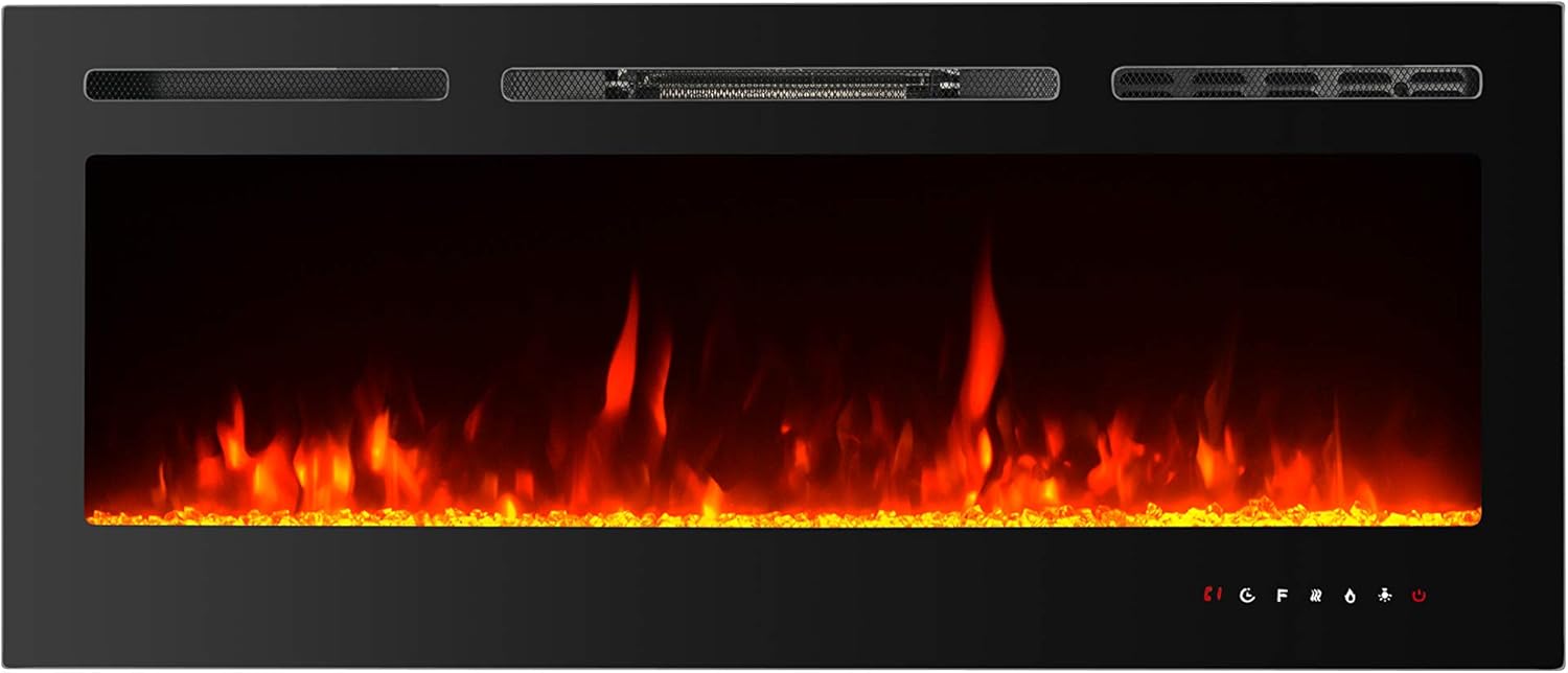 PAOLFOX 50 Inches Wall Mounted Recessed Electric Fireplace Heater Touch Screen Control Panel Overheating Protection Timer 9 Multicolor Flames,750/1500W, Log & Crystal Hearth Options