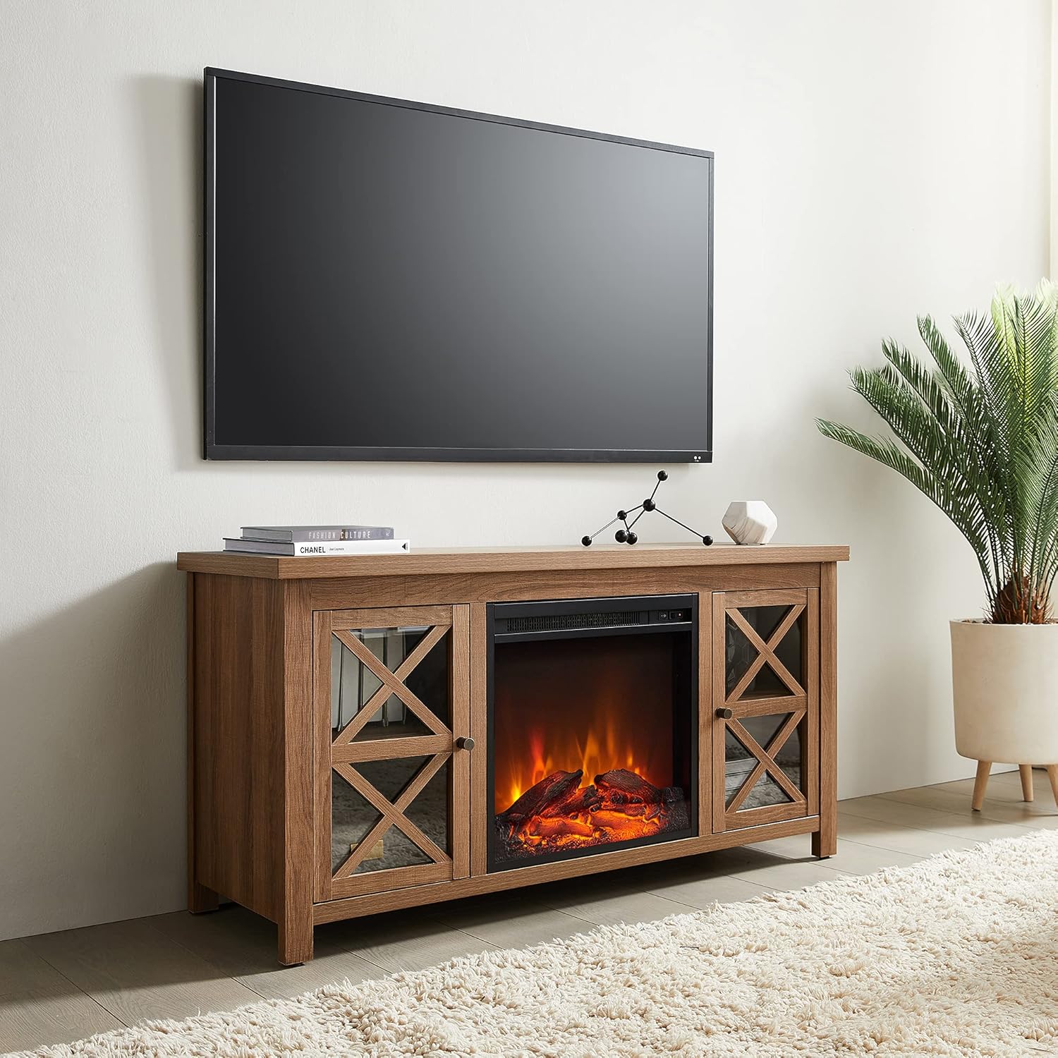 Henn&Hart Crystal Fireplace Insert TV Stand, White Oak (TV0688)