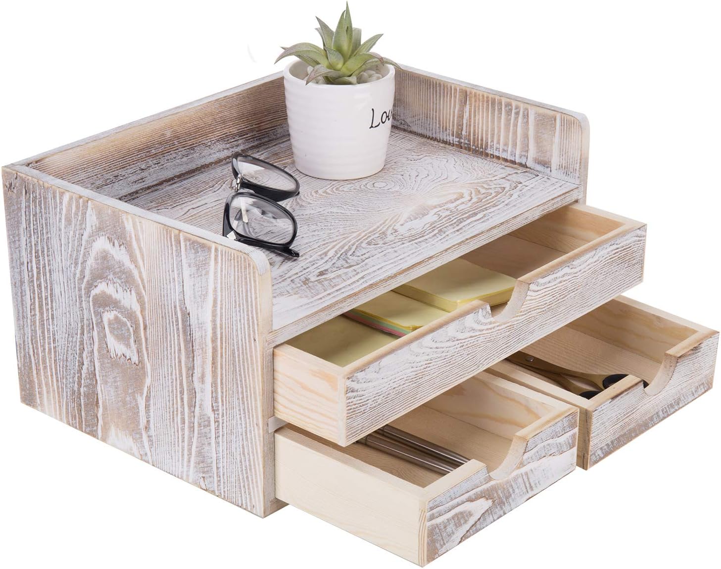 MyGift Shabby Whitewashed Wood Desktop Office Organizer with 3 Drawer Storage Pack of 2
