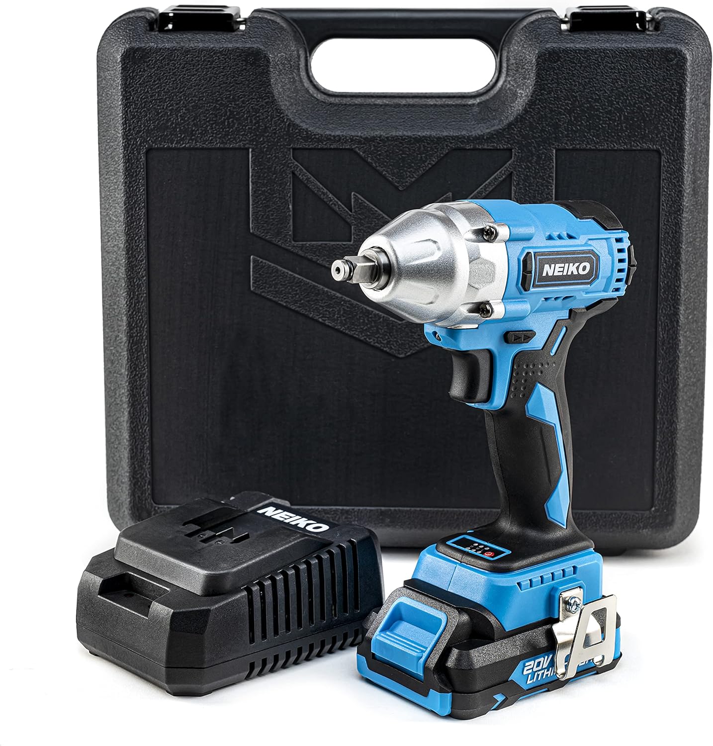 NEIKO 10880A 3/8-Inch-Drive Brushless Cordless Impact Wrench, 20-Volt Compact Impact Wrench with Lithium-Ion Charging Battery, Includes Fast Charger