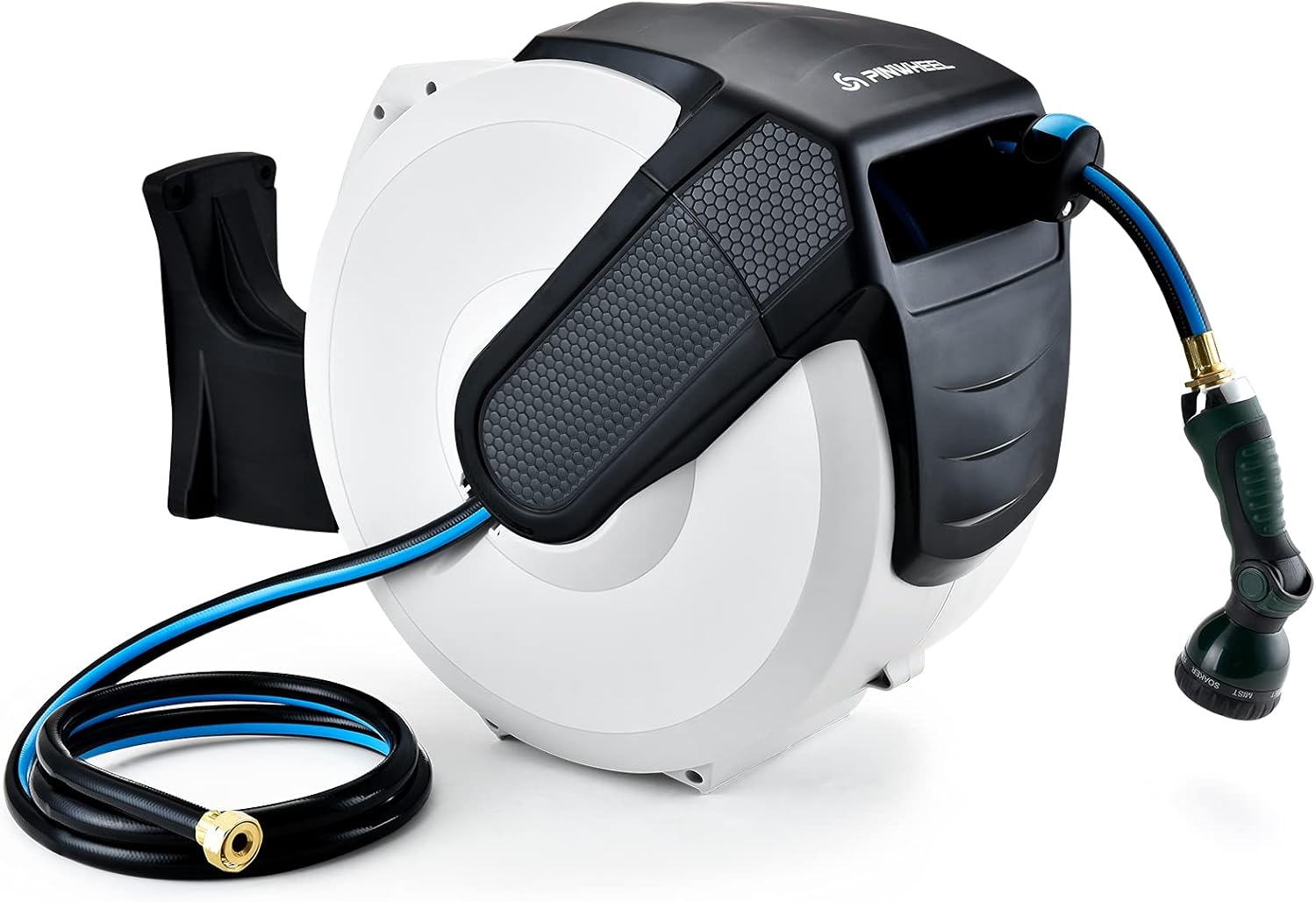 PINWHEEL Garden Hose Reel Wall Mount, Slow Return 1/2 Inch × 120 + 5 FT Retractable Water Hose Reel Automatic Rewind with Any Length Lock, 9 Pattern Hose Nozzle, 180°Swivel Bracket