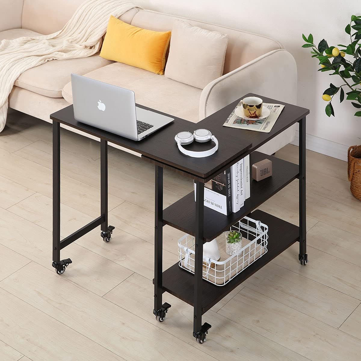 YOLENY 360&deg; Free Rotating Sofa Side Table, Movable Laptop Table 2-Tier Shelves & Wheels, Couch Space Saving Sofa Side Table for Office Home Living Room