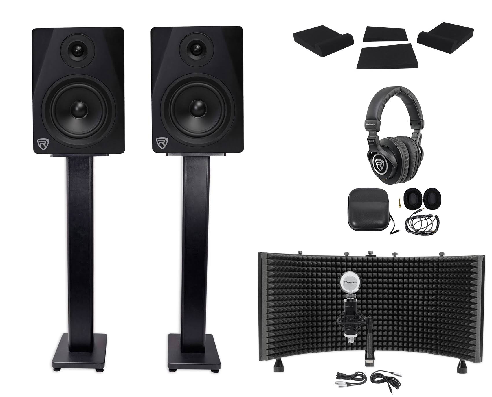(2) Rockville DPM5B 5.25x22 Active Studio Monitors+Stands+Headphones+Mic+Shield