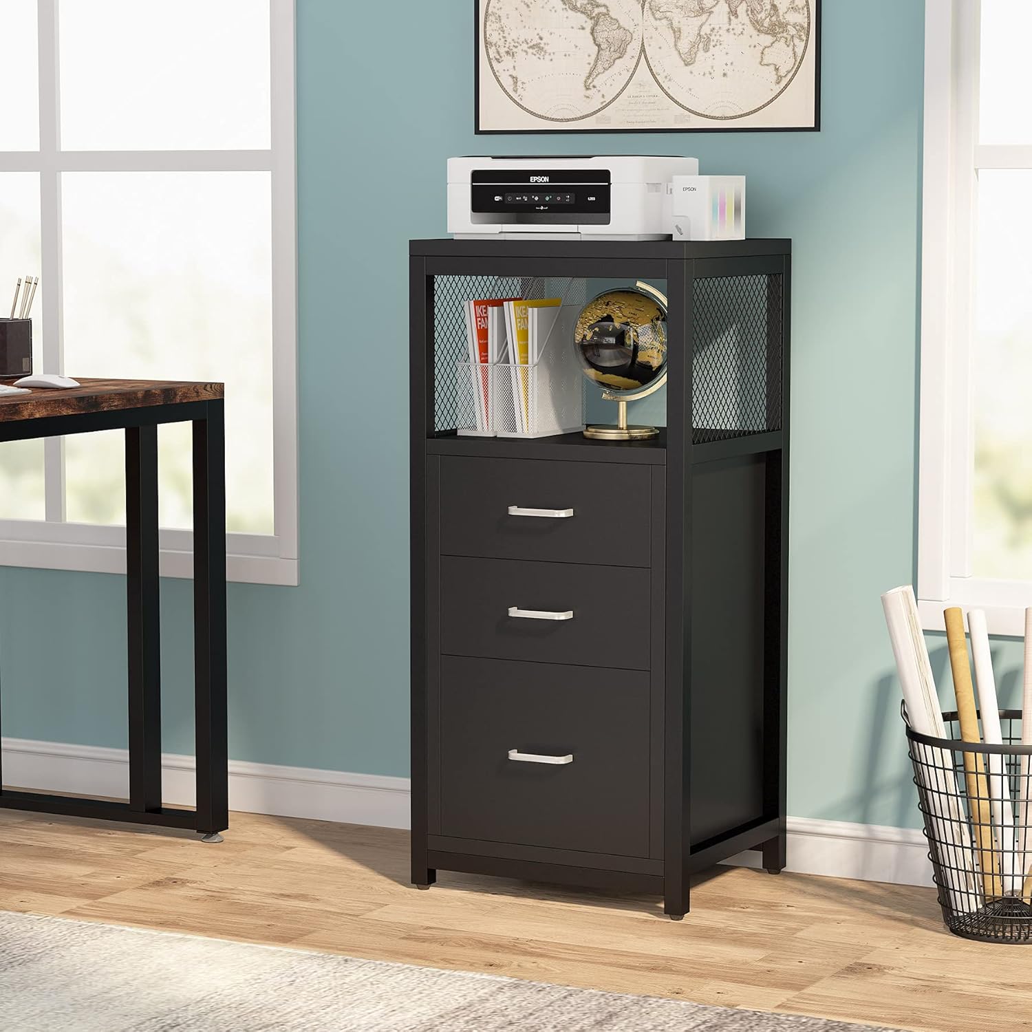 Tribesigns 3 Drawer File Cabinet for Letter Size, Modern Vertical Filing Cabinet Printer Stand with Metal Wire Storage Shelves for Home Office(Black)