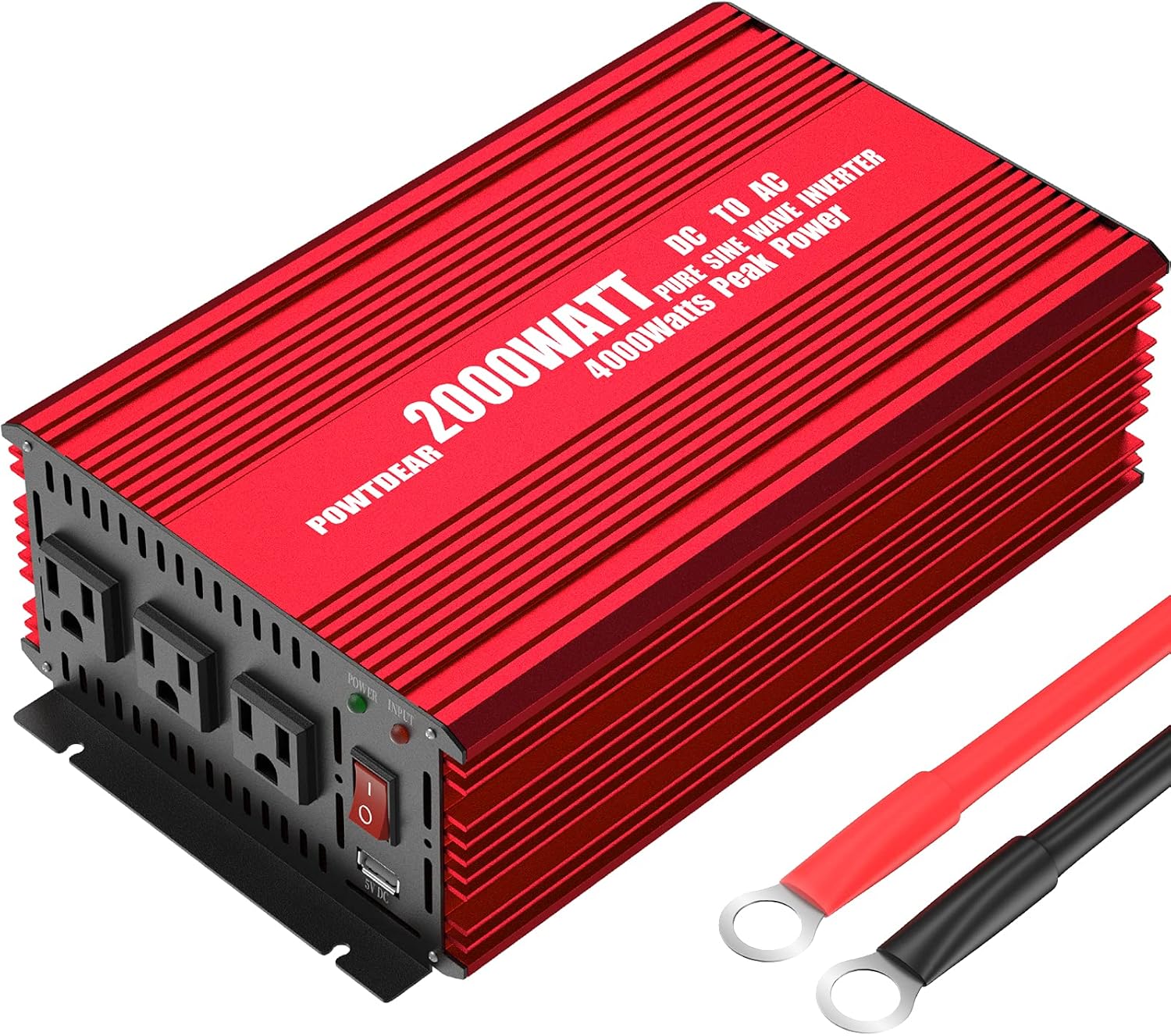 POWTDEAR Power Inverter 2000 Watt, Power Converter 2000W DC 12V to 110V AC Car Inverter with 2.4A USB Ports 3 AC Outlets