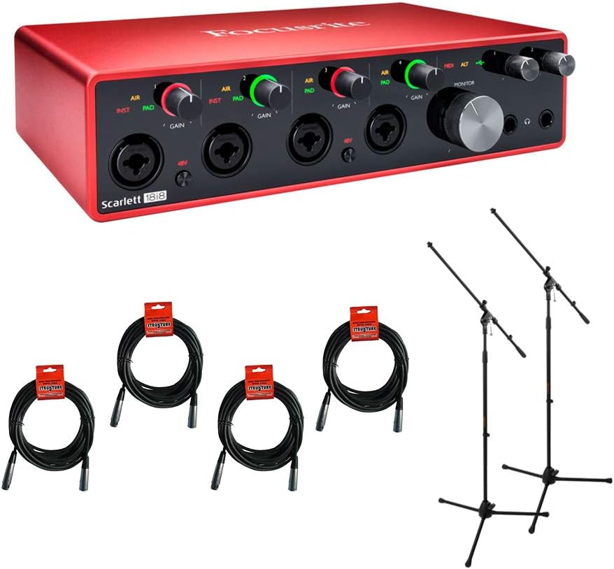 Focusrite Scarlett 18i8 USB Audio Interface (3rd Gen) with 2x Tripod Microphone Stand & 4x XLR Cable Bundle