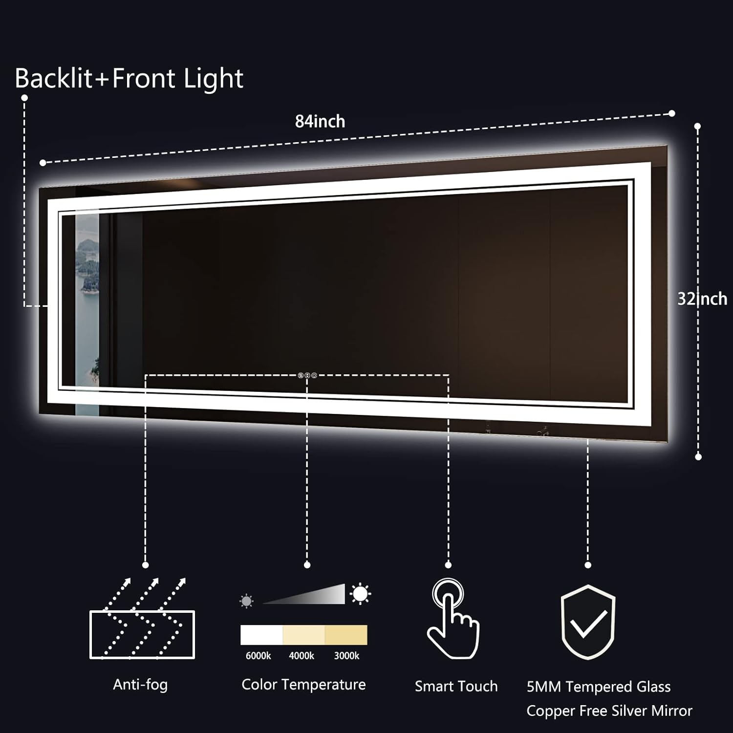 LED Lighted Bathroom Mirror 84x 32 Inch, Awandee Large Vanity Mirror for Bathroom, Anti-Fog Shatterproof Dimmable Wall Mirrors for Bathroom (Backlit + Front Double Lighted) Wall Mounted, ETL Listed
