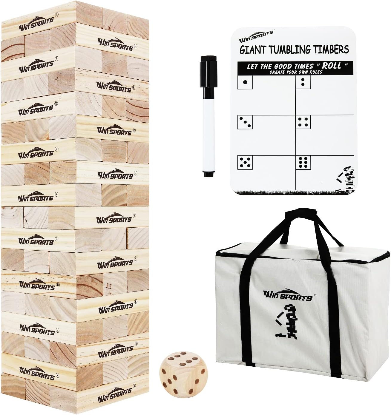 Win SPORTS Giant Tumbling Timbers - Yard Games Large Wooden Tumble Tower Wood Blocks Stacking Yard Game, with 1 Dice Set &Stacks to Over 5 FT,Made from Premium Pine (7.5