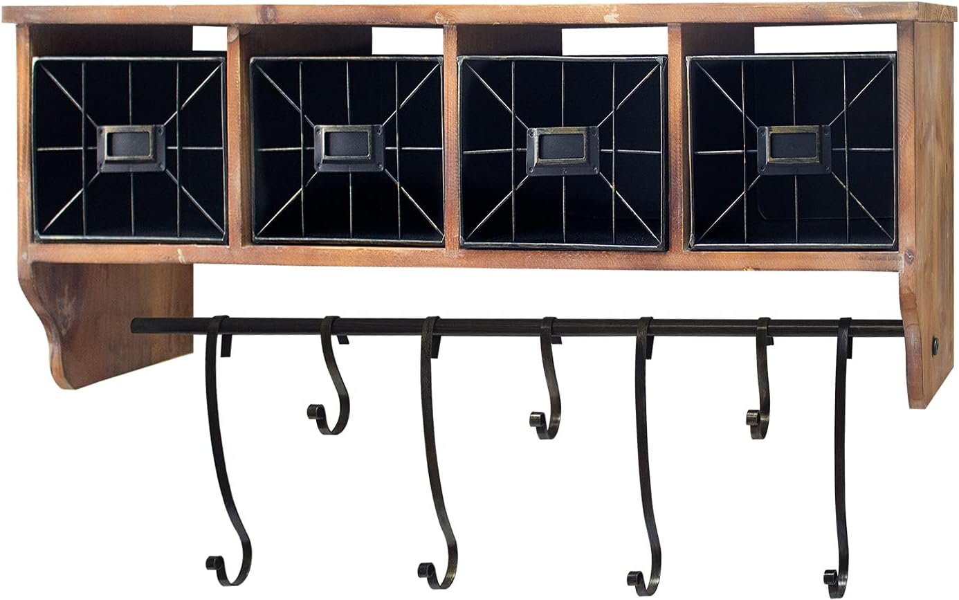 LAKUKU Coat Rack Shelf with 4 Baskets, Wall Mounted Shelf with Adjustable Hooks, Perfect for Entrance, Bathroom, Living Room and Kitchen Pack of 2