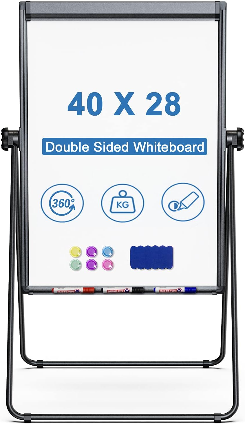 Double Sided White Board with Stands, Magnetic Whiteboard 40 x 28 inch Easel Stand, Height Adjustable Portable Dry Erase Board with 6 Magnets, 3 Markers, 1 Eraser for Home Office Teaching