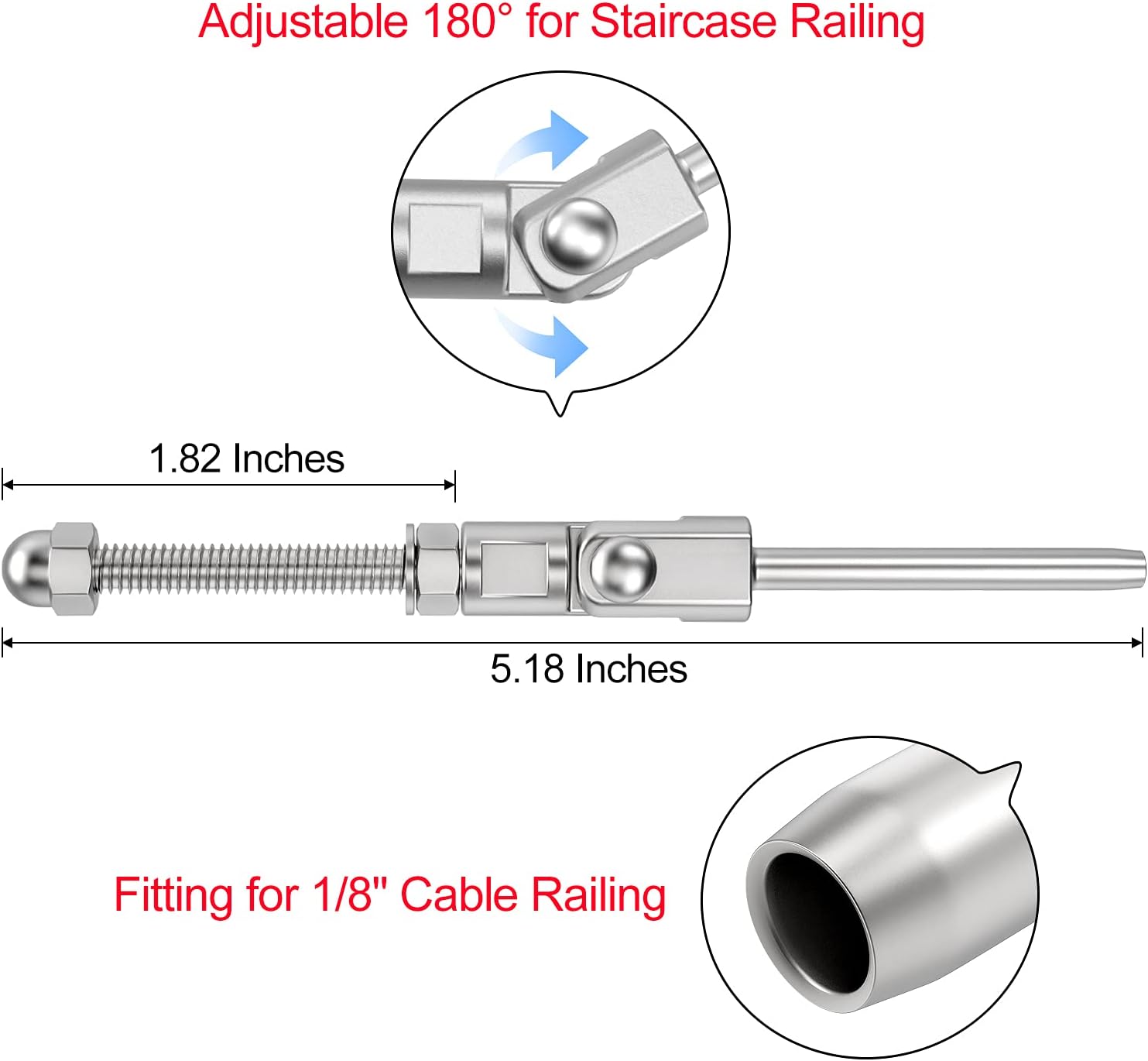 [Patent Design]CKE 20 Pack T316 Stainless Steel 180&deg; Adjustable Angle Cable Railing Swage Threaded Stud Tension End Fitting Terminal for 1/8