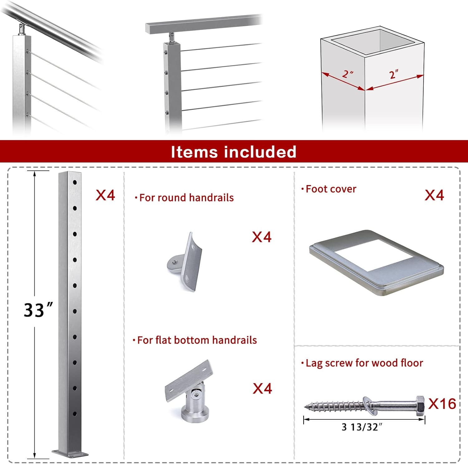 Muzata 4pack Cable Railing Post Square 36