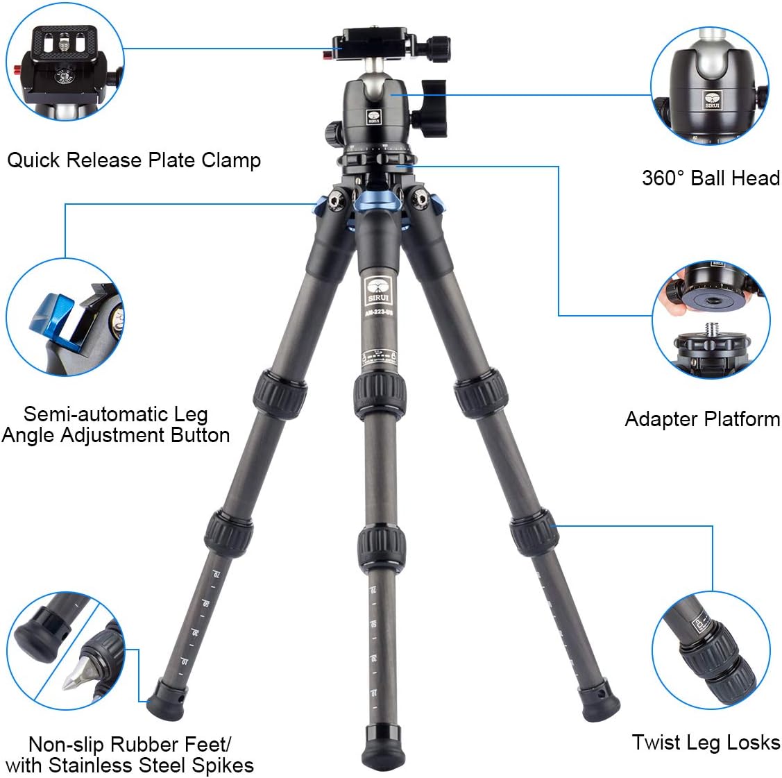 SIRUI AM-223 Camera Tripod Compact Carbon Fiber Mini Travel Tripod Desktop Tripod with 360 Degree B-00K Ball Head and Arca Swiss Quick Release Plate, Loads up 15KG
