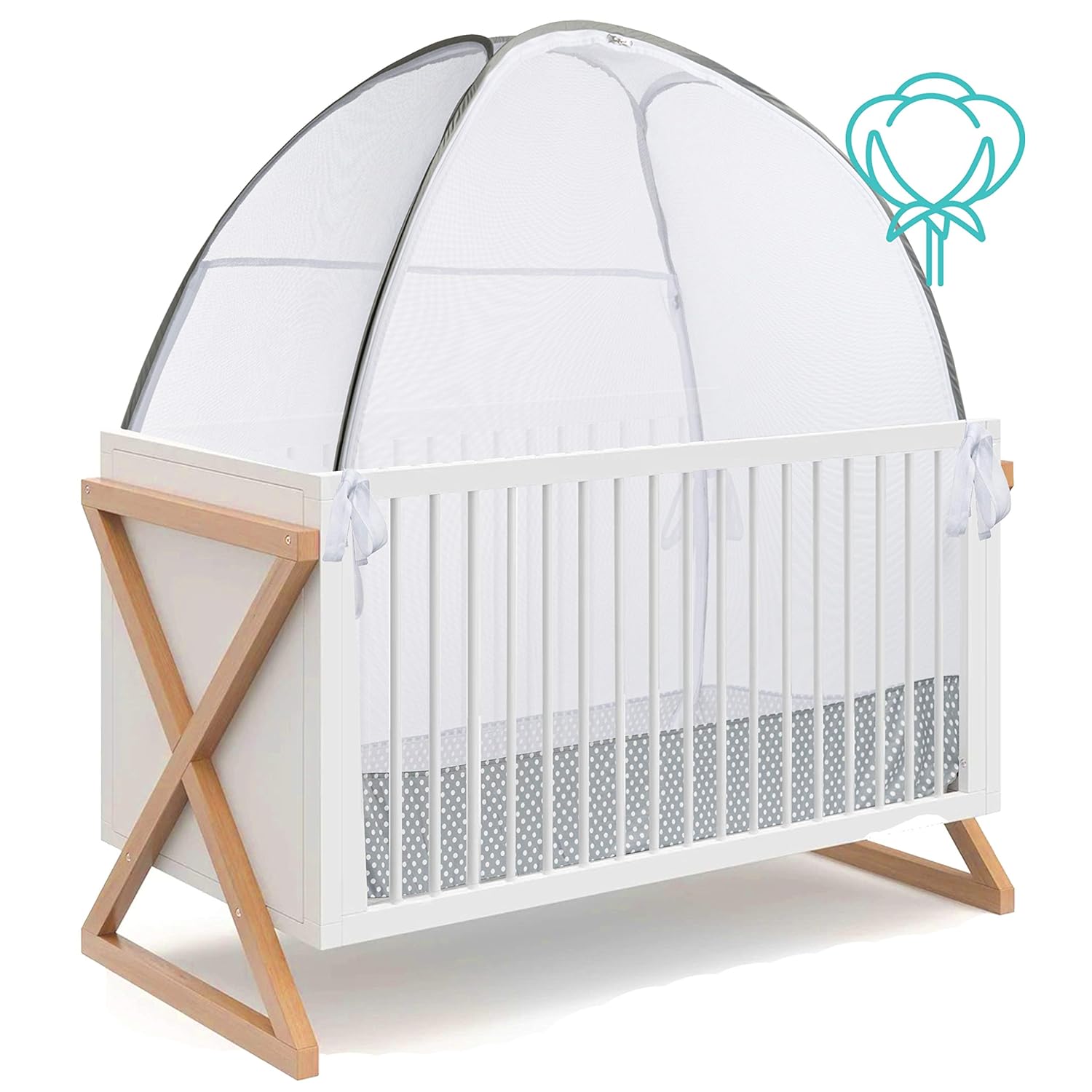 Green Frog Baby Safety Pop Up Crib Tent Infant - 100% Organic Cotton, See Through Mosquito Net and Nursery Canopy Netting Cover Keep Baby from Climbing Out - Toddler Crib Accessories Pack of 2