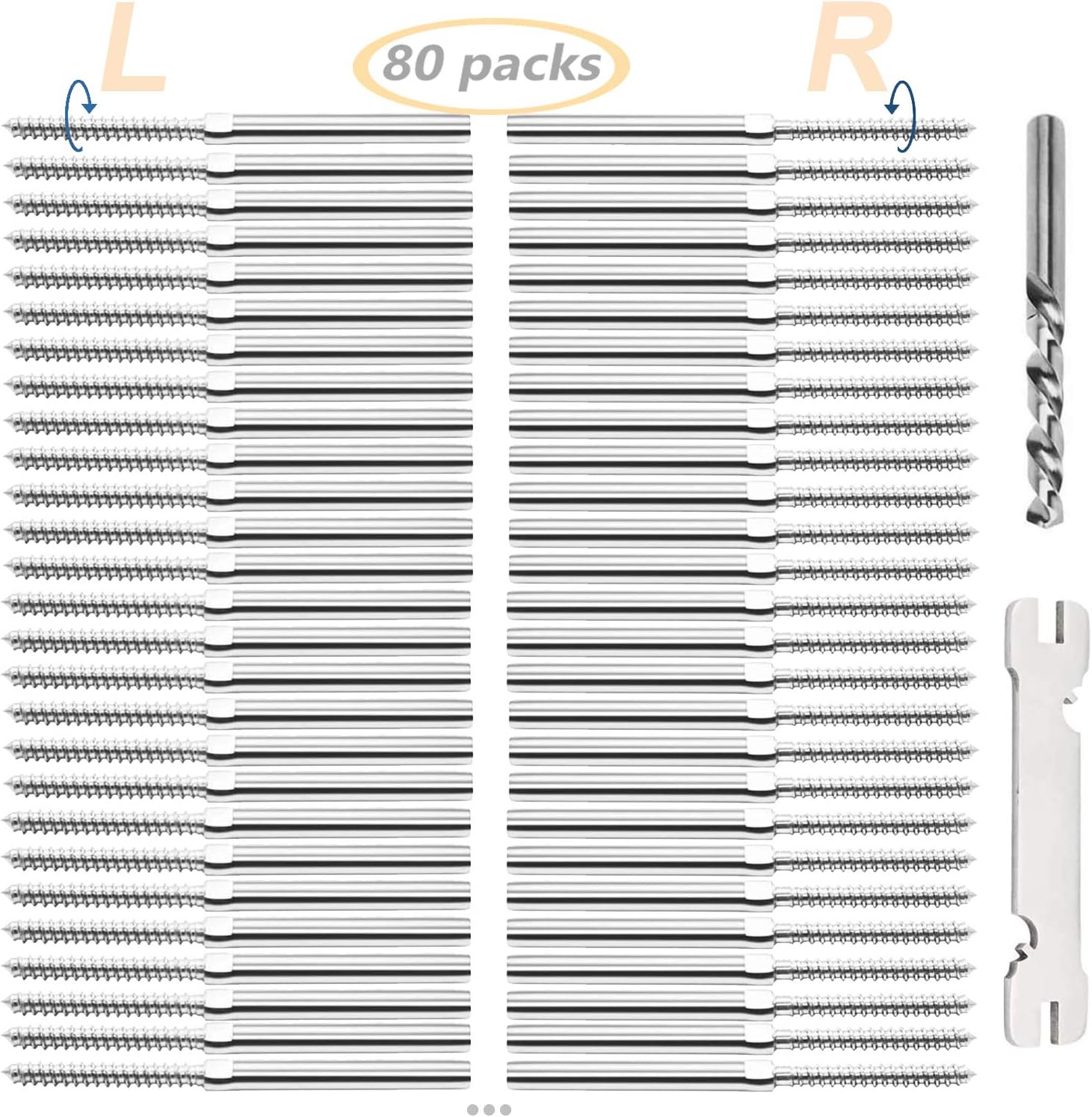 Wayska T316 Stainless Steel Right&Left Handed Thread Swage Lag Screws for Wood Post of 1/8 Inch Cable Railing Kit, 80 Packs Deck Railing Hardware/Stair Deck Railing, Wrench Included(40 Pairs)