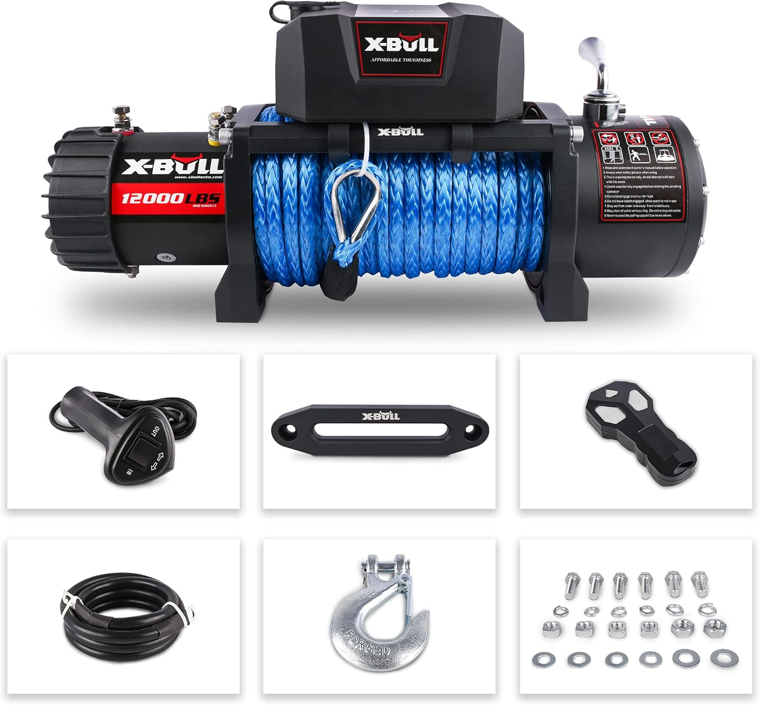 Dithoko 12V Synthetic Rope Winch-12000 lb. Load Capacity Electric Winch Kit, Waterproof IP67 Winch with Wireless Handheld Remotes and Corded Control Recovery with Hawse Fairlead, Blue