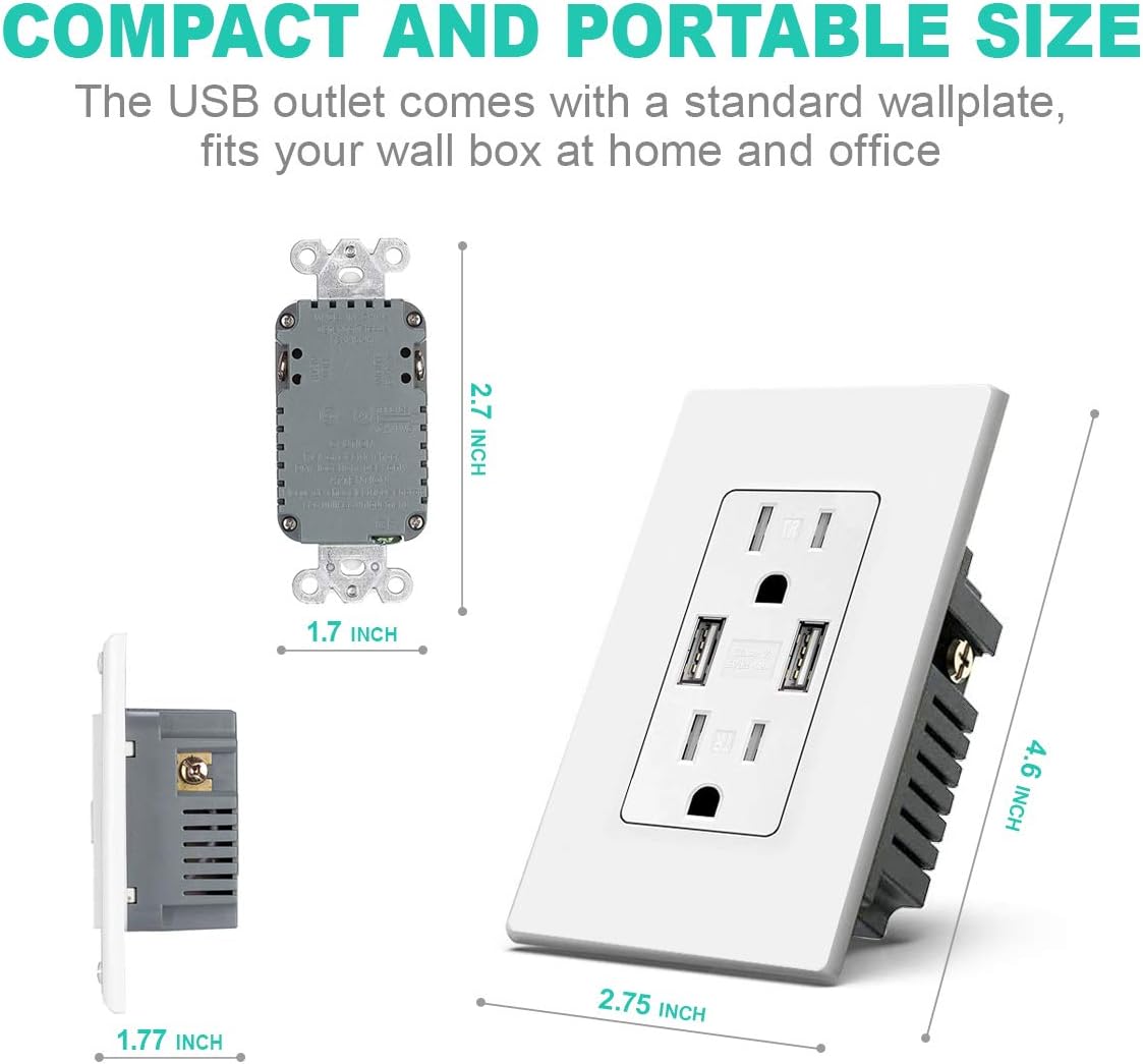 Micmi USB Outlet, Dual High Speed Charger Duplex Receptacle 15 Amp, Smart 4.8A Fast Charging Capability, Tamper Resistant Outlet Wall plate Included UL Listed White C48 (4.8A USB outlet 4pack) Pack of 2