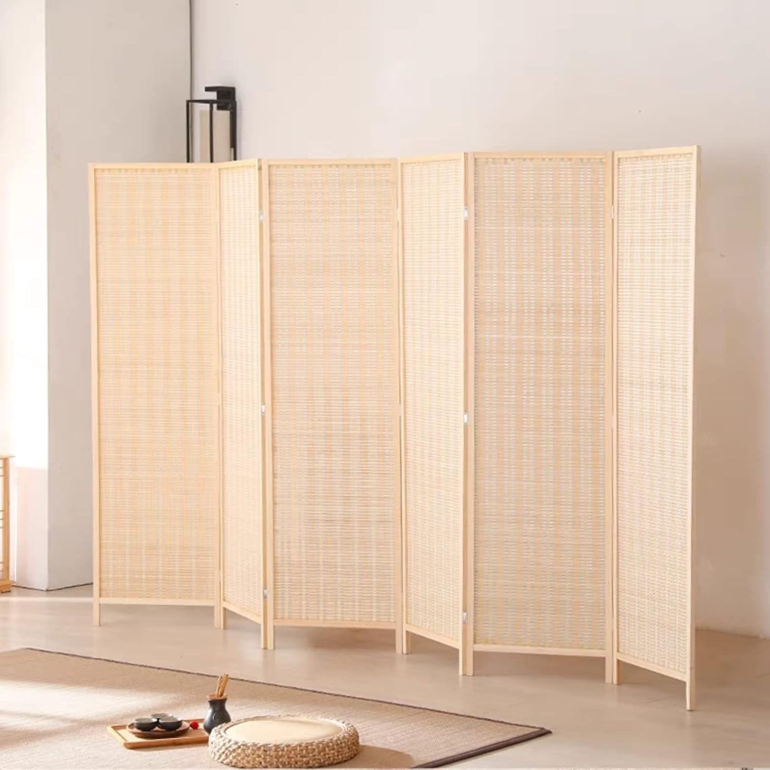 Bamboo Room Divider Privacy Screen Partition - 6 Ft Semi-Private Folding Portable Partition Screen with Two-Way Hinge (4 Panel with Shelves)