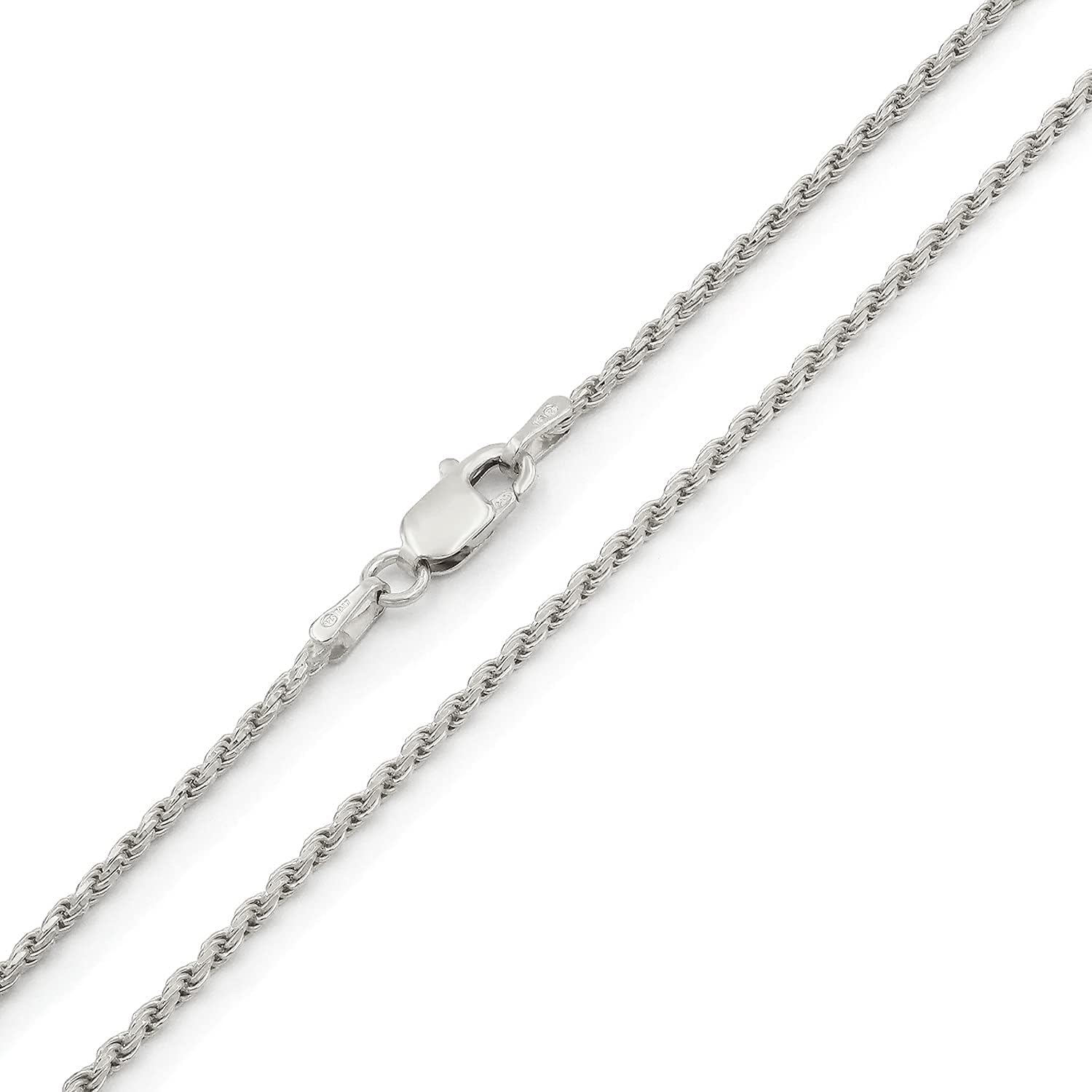 925 Italian Sterling Silver 1mm - 5.5mm Solid Rope Diamond Cut Chain, FREE Microfiber Cloth, Rhodium Link Necklace or Bracelet, Giorgio Bergamo