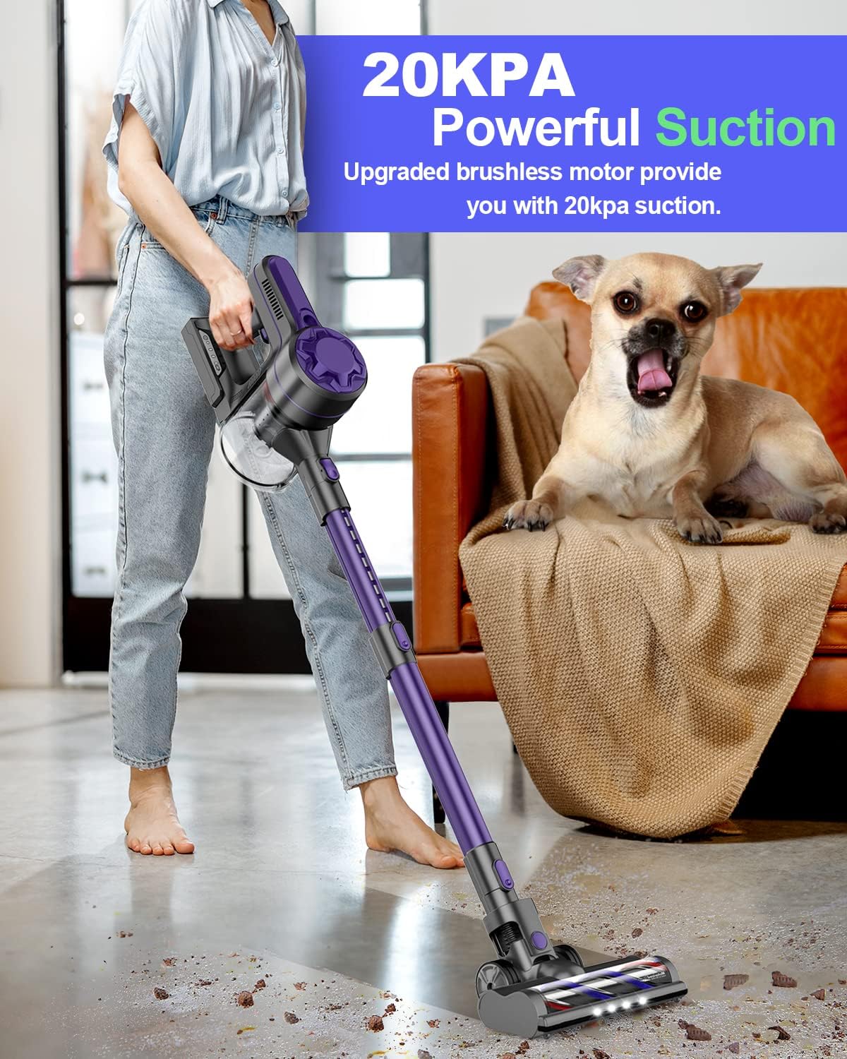 Cordless Vacuum, Stick Vacuum with 20Kpa Super Suction, 5 Stages High Efficiency Filtration, Up to 30 Mins Runtime 4 in 1 Lightweight Handheld Vacuum Cleaner for Hardwood Floor Carpet Pet Hair