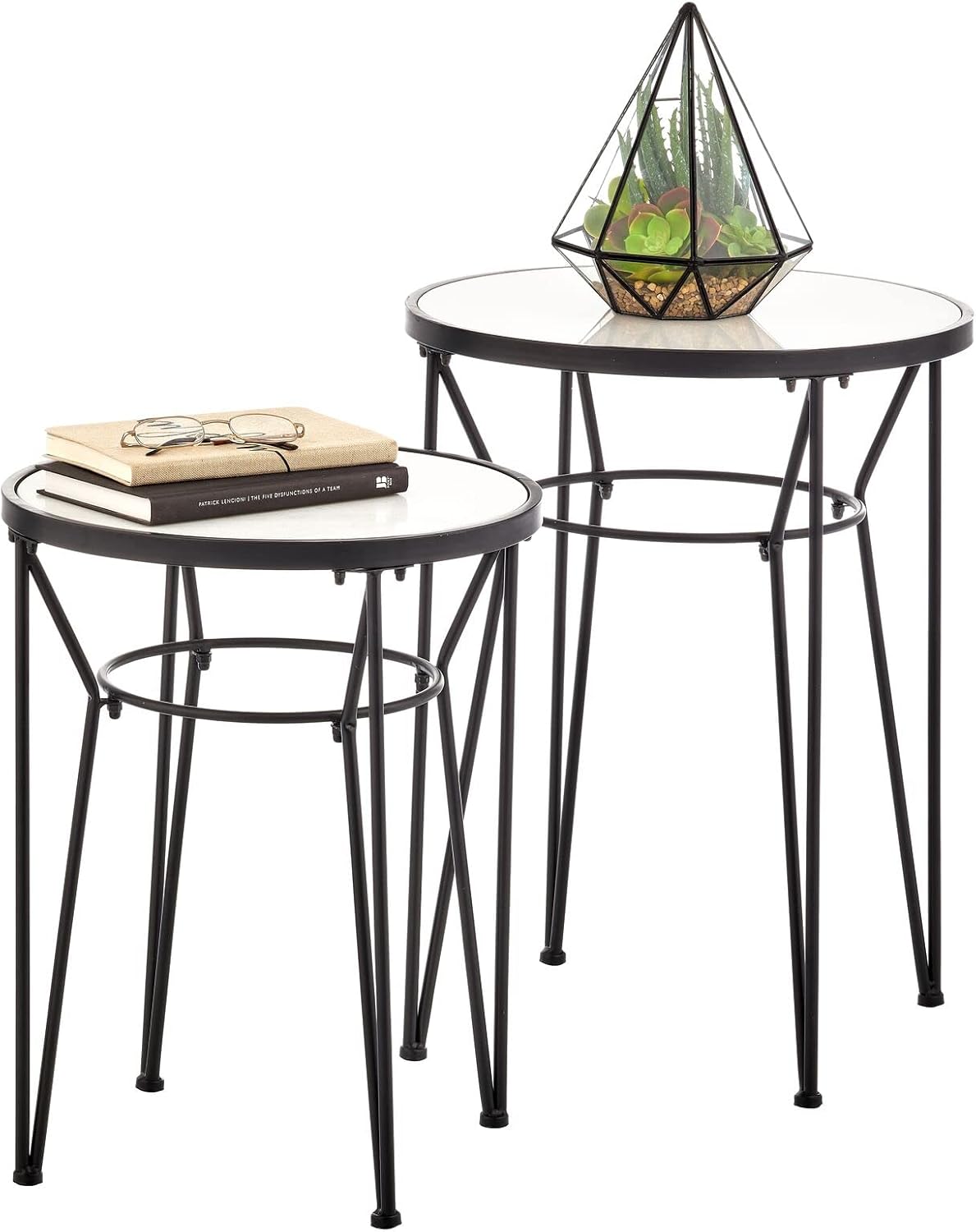 mDesign Round Metal & Marble in-Lay Accent Table with Hairpin Legs- Side/End Table - Decorative Legs, Marble Top - Home Decor Accent Furniture for Living Room, Bedroom - 2 Pack - Soft Brass/Marble