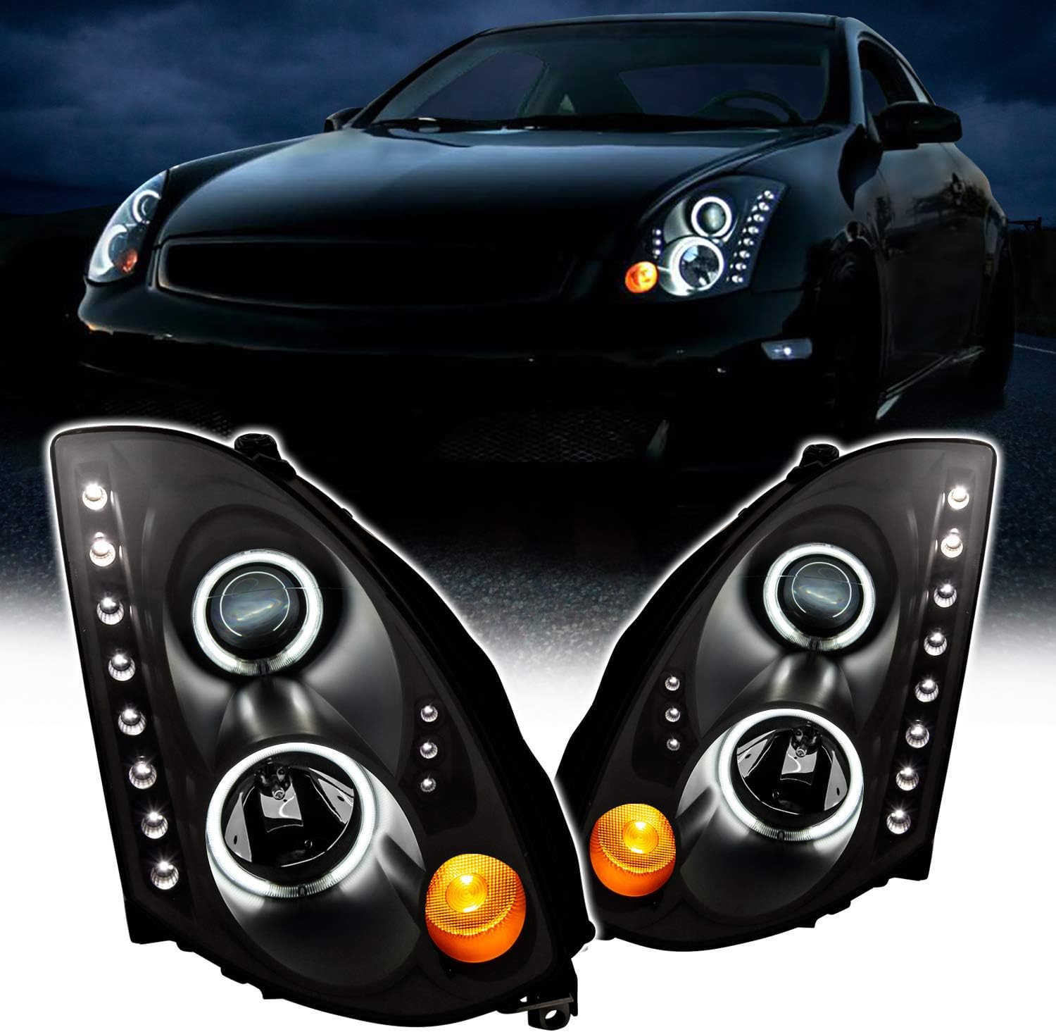 AmeriLite for 2003-2007 Infiniti G35 2 Door Coupe LED Lightning Tube HID Projector Headlight Black Assembly Set - Passenger and Driver Side