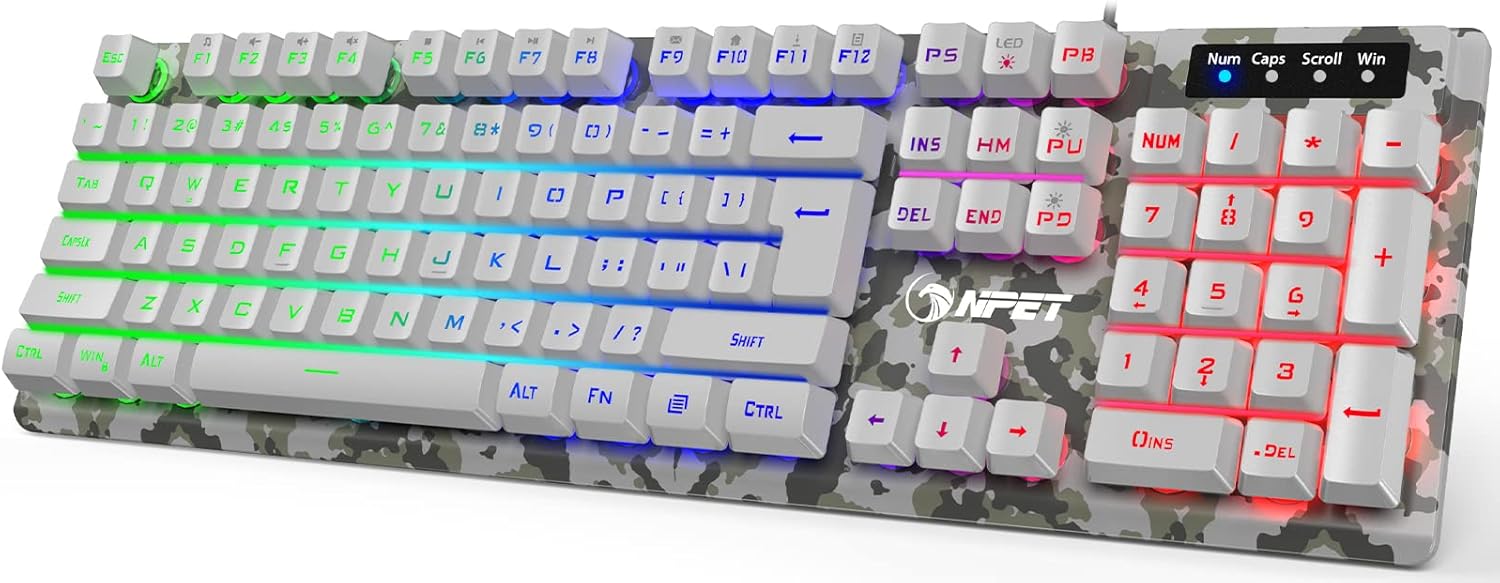 NPET K10 Gaming Keyboard, LED Backlit, Spill-Resistant Design, Multimedia Keys, Quiet Silent USB Membrane Keyboard for Desktop, Computer, PC (Purple) Pack of 2