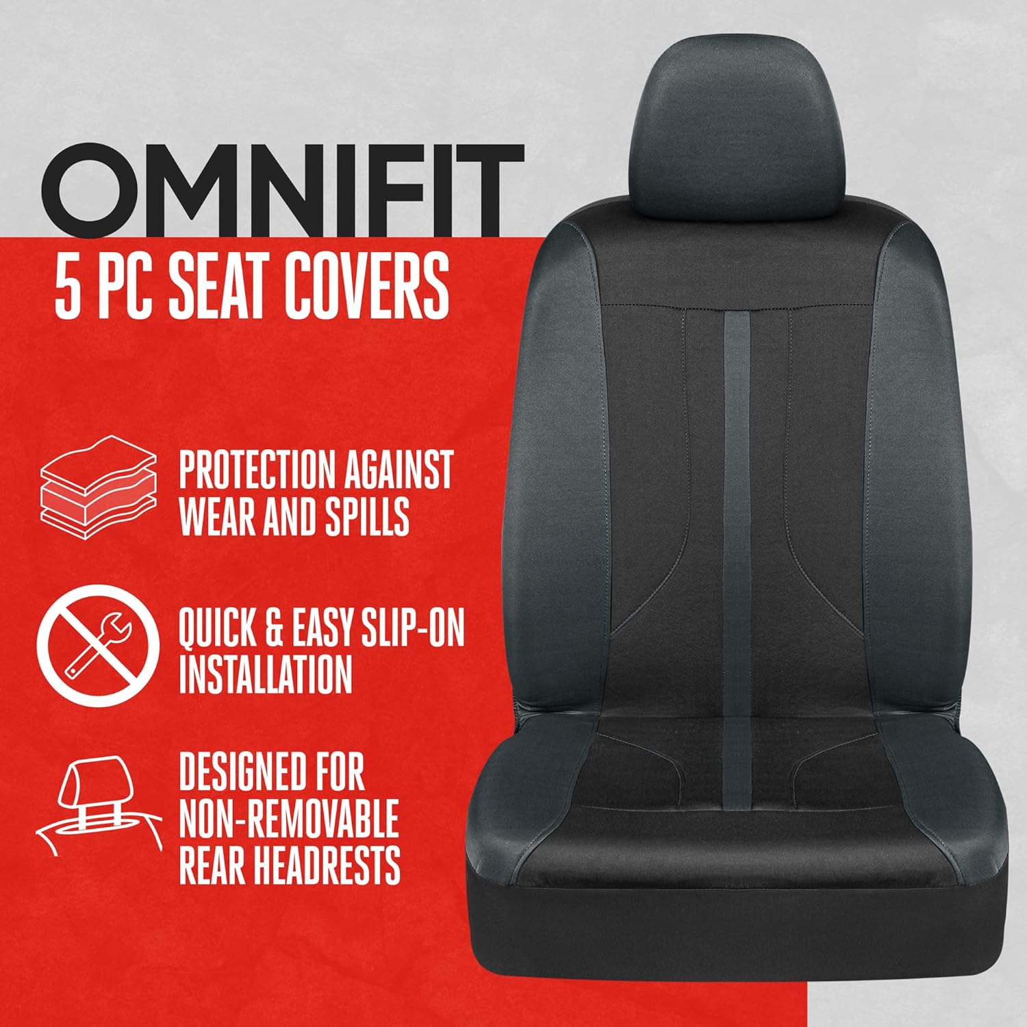Motor Trend OmniFit Car Seat Covers, Full Set in Gray & Black &ndash; Two-Tone Front Seat Covers with Hooded Split Bench Seat Cover, Sporty Seat Protectors, Interior Covers for Auto Truck Van SUV