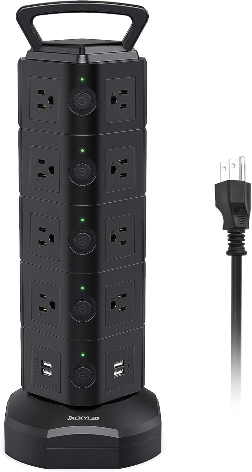 Power Strip Tower JACKYLED Surge Protector Electric Charging Station 3000W 13A 18 AC Outlets 4 USB Ports with 16AWG 6.5ft Heavy Duty Extension Cord for Home Office Pack of 2