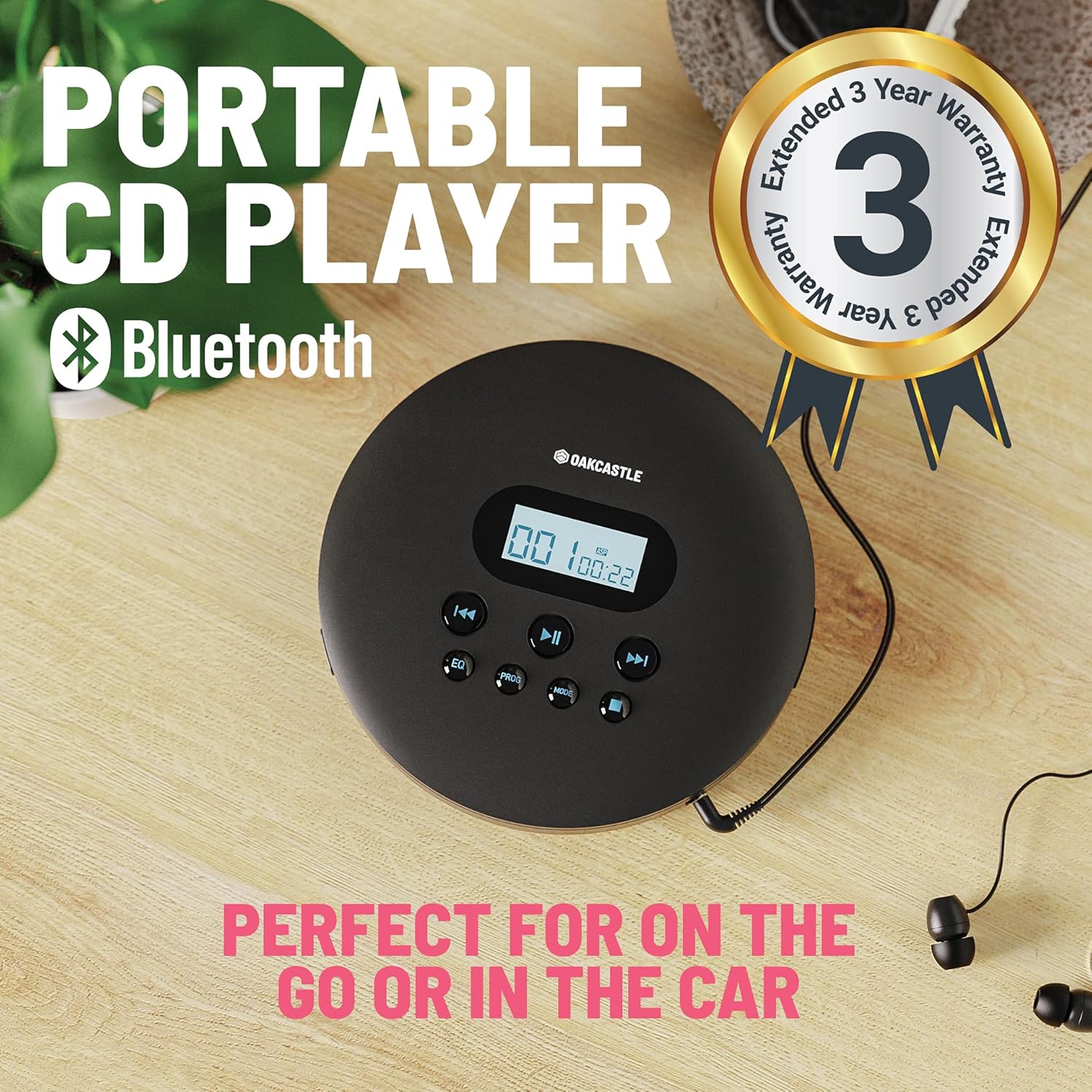 Oakcastle CD100 Portable CD Player with Bluetooth | Rechargeable Battery | Headphones Included | AUX Output Pack of 2