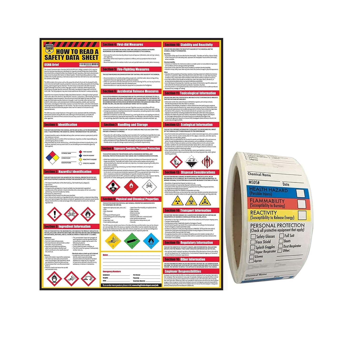 How to Read A Safety Data Sheets (SDS/MSDS) Poster, 24 x 33 Inch, UV Coated with SDS/MSDS Sticker- Roll of 250 (Poster and Sticker) Pack of 2