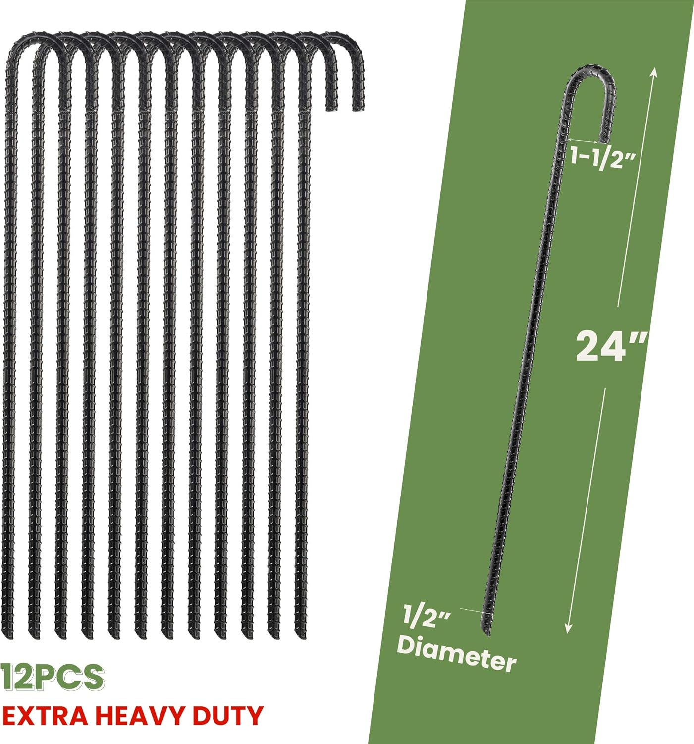 CRIZTA 24” Ground Rebar Stakes (12PCS) Extra Heavy Duty J Hook Ground Anchors, 1/2