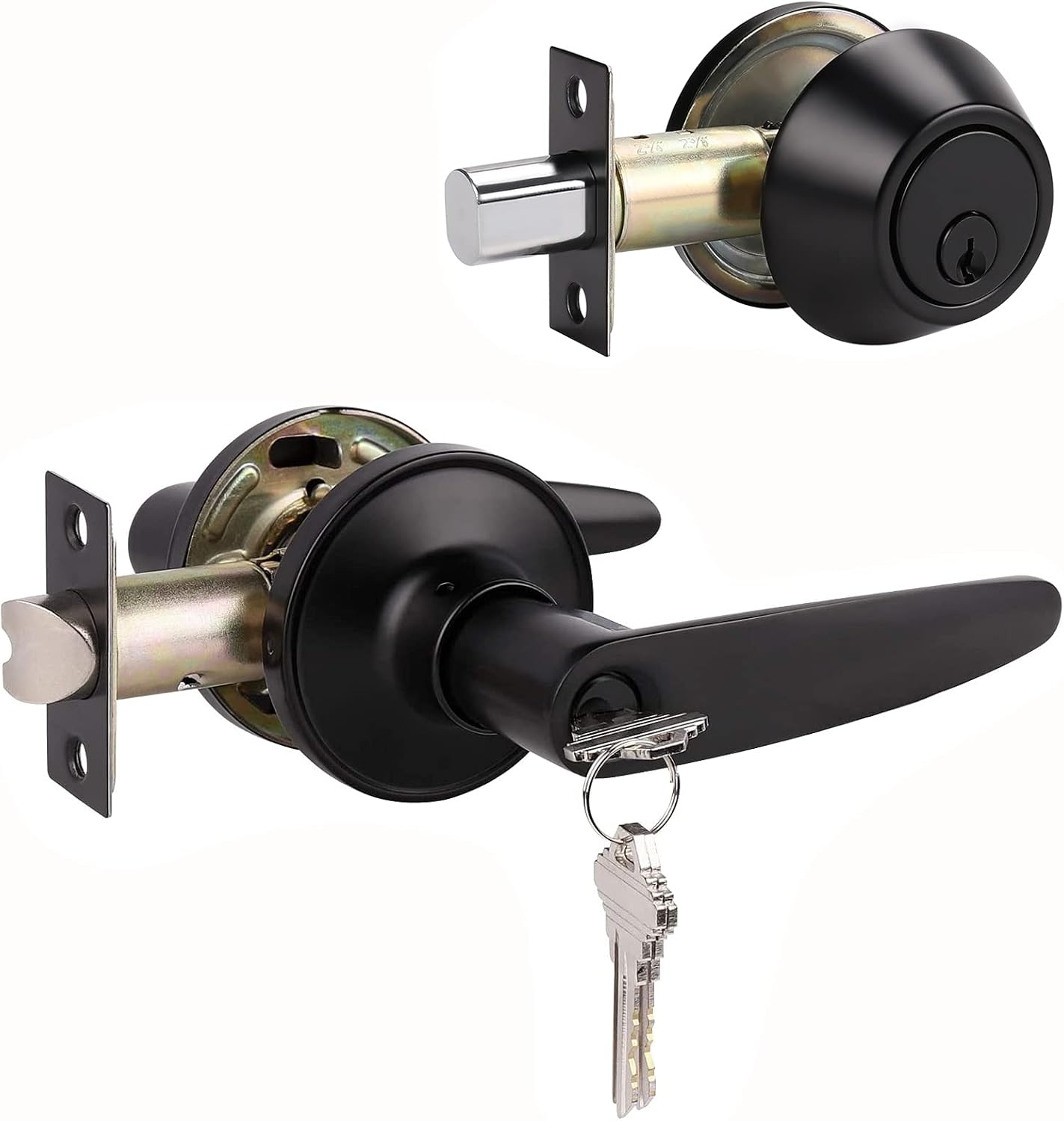 3 Pack Keyed Entry Door Lever and Single Cylinder Deadbolt Combination Set in Matte Black Finish, Exterior Lever with Lock and Deadbolt, Keyed Alike