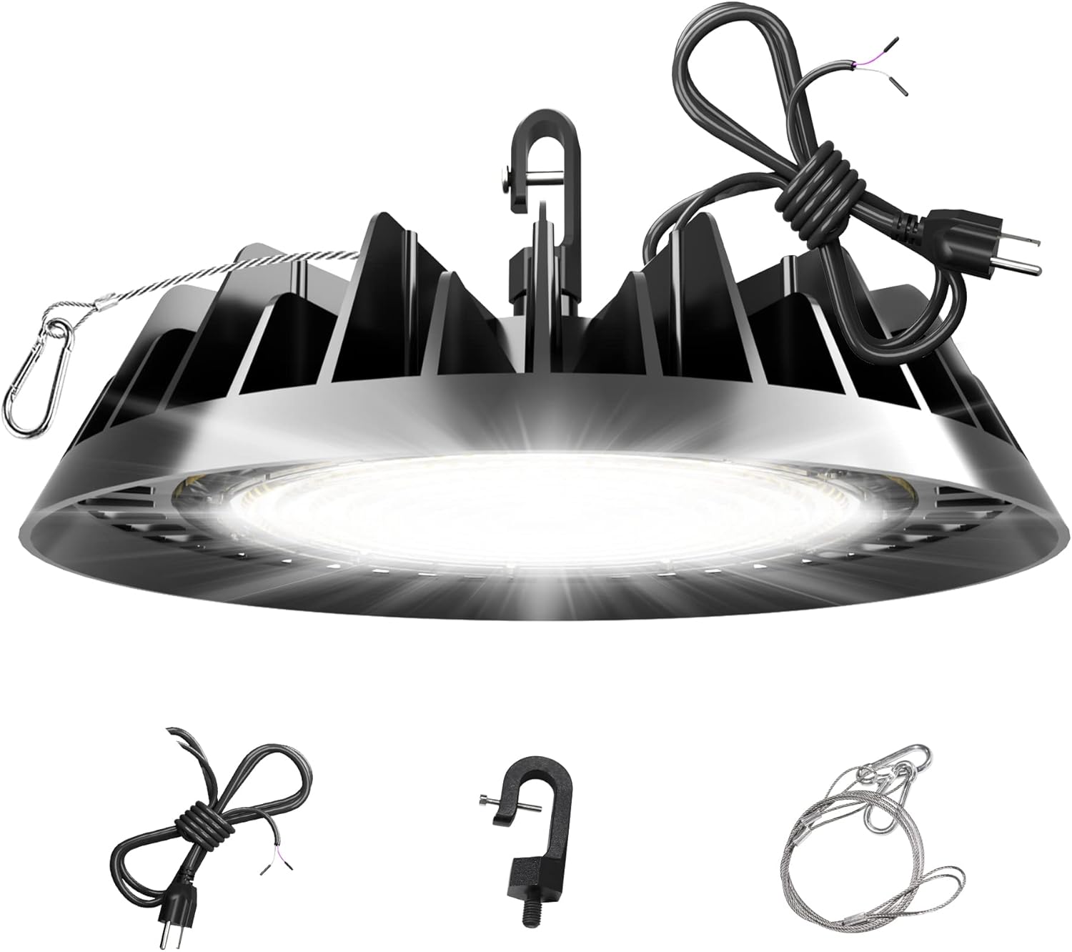 JC-LGL UFO LED High Bay Light 150W 24,000LM (160LM/W) 1-10V Dimmable, 5' Cable with Plug, Hanging Hook, Safe Rope, ETL Listed High Bay LED Light for Factory Warehouse Workshop Pack of 2