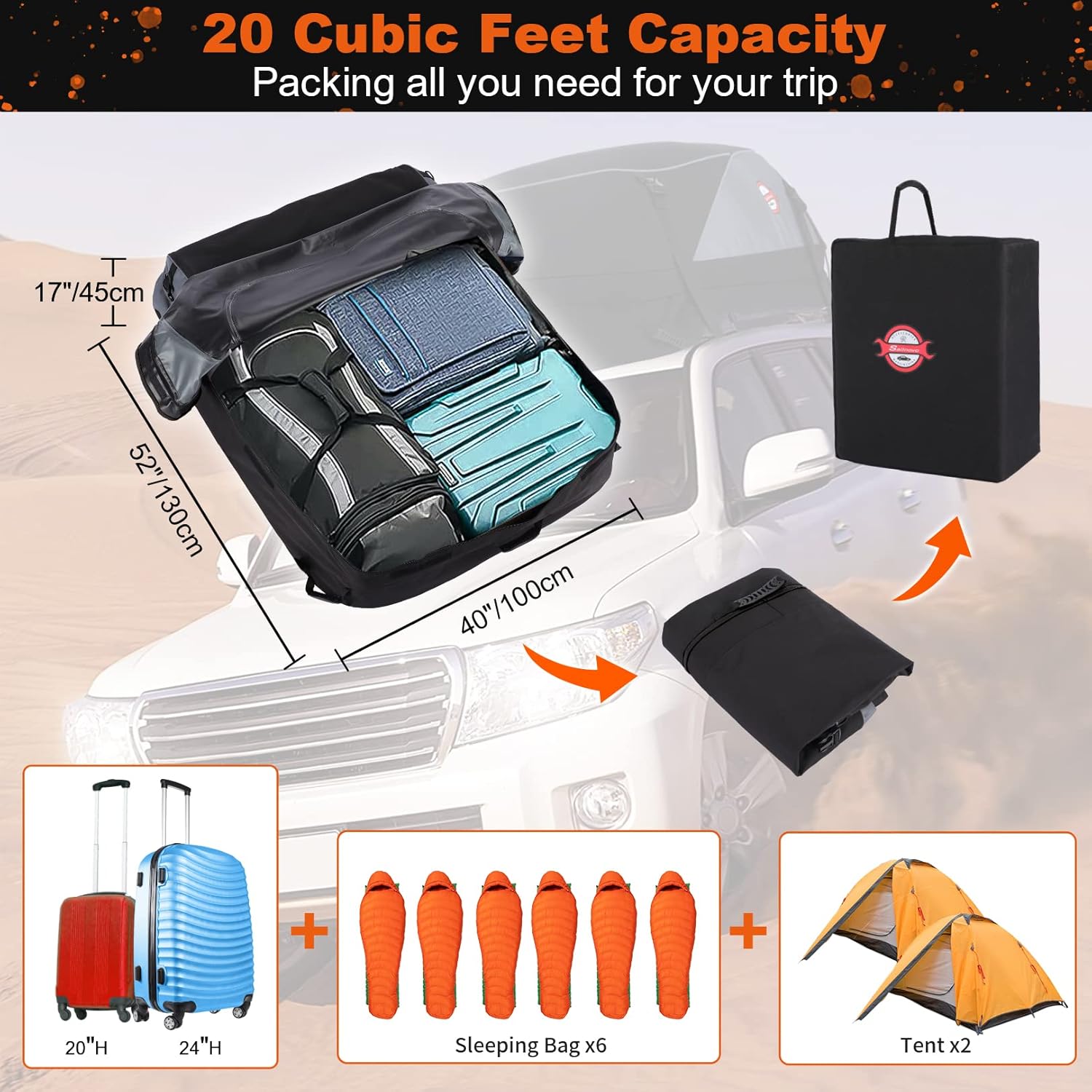 Car Roof Bag, Rooftop top Cargo Carrier Bag - 20 Cubic feet Waterproof & Coated Zippers Suitable for All Vehicle with/Without Rack, Anti-Tear 1000D PVC Includes 8 Reinforced Straps & Packing Bag