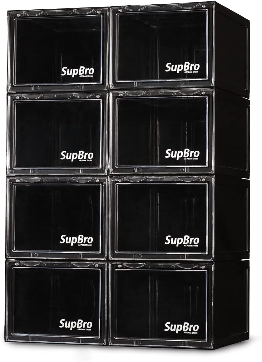 SupBro Collection Crate - Easy Access Storage Shoes Box -Plastic Foldable Stackable Sneaker Display Storage with Clear Front Door Organizer-2 Pack (Black)