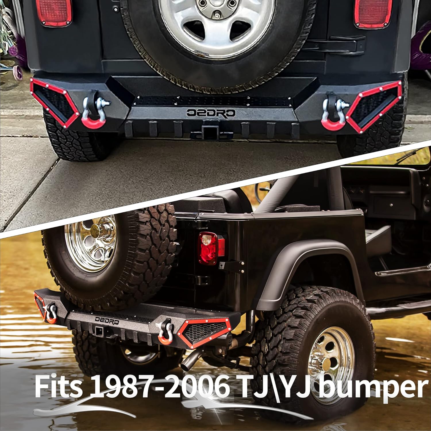OEDRO Off Road Rear Bumper Combo Compatible with 1987-2006 Jeep Wrangler TJ & YJ & LJ, Full Width Back Bumper with Hitch Receiver & 2 x D-Rings, Textured Black
