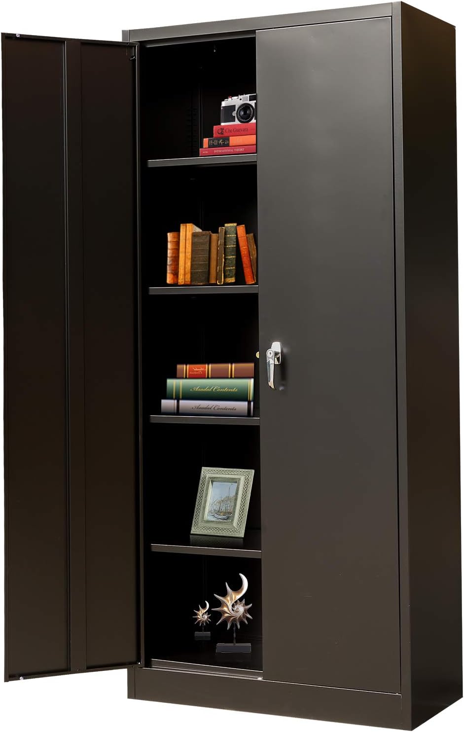 Metal Storage Cabinet with 2 Doors and 4 Shelves, Lockable Steel Storage Cabinet for Office, Garage, Warehouse, 70.86
