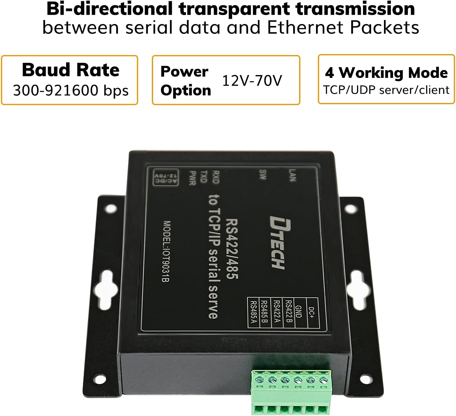 DTECH 1 Port Serial to Ethernet Converter Adapter RS422 RS485 to TCP IP Device Server Supports DHCP DNS Modbus RTU/TCP 10/100M Pack of 2