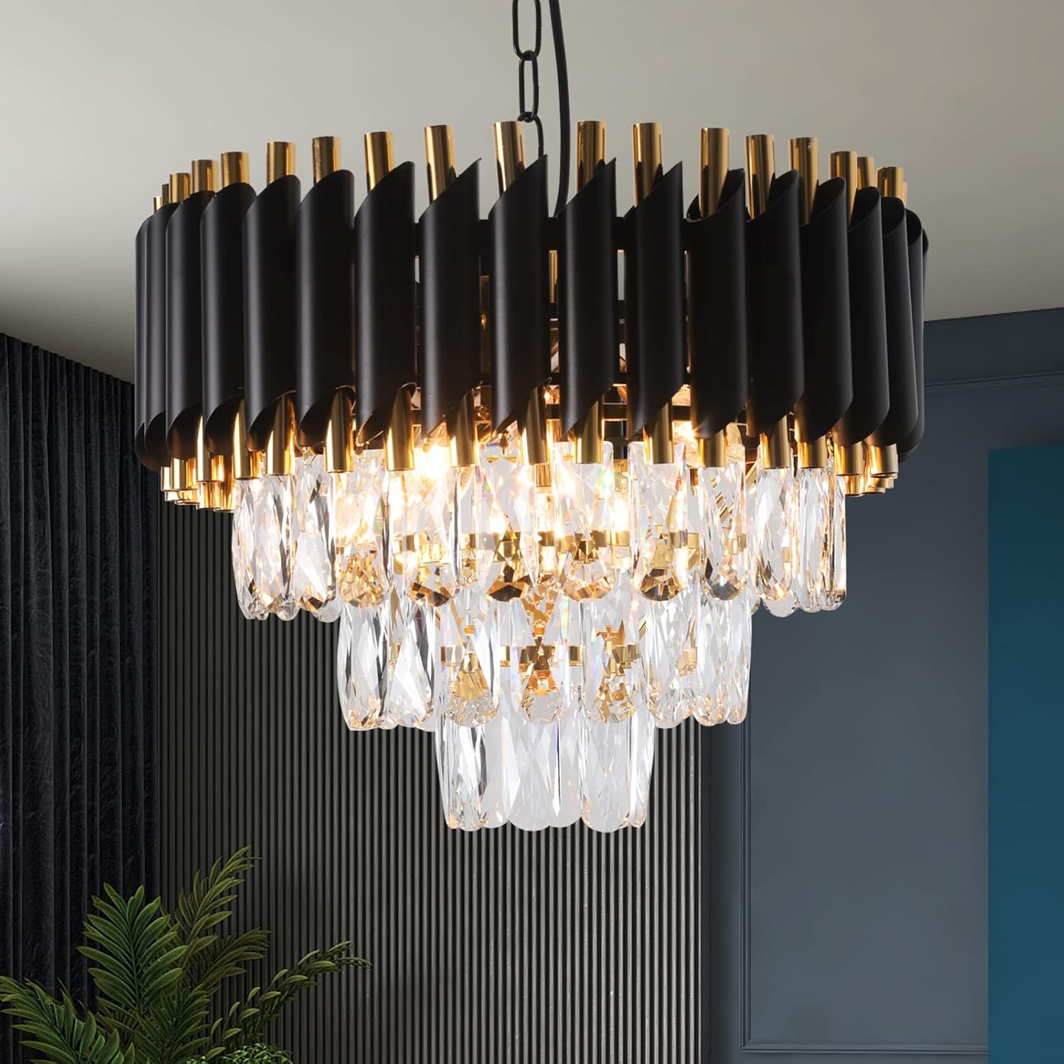 Modern Crystal Chandeliers Gold Black Crystal Chandeliers 3-Tier Round Crystal Chandelier Ceiling Light Fixture Crystal Pendant Light Fixture for Dining Room Living Room Bedroom Foyer Hallway W15.7
