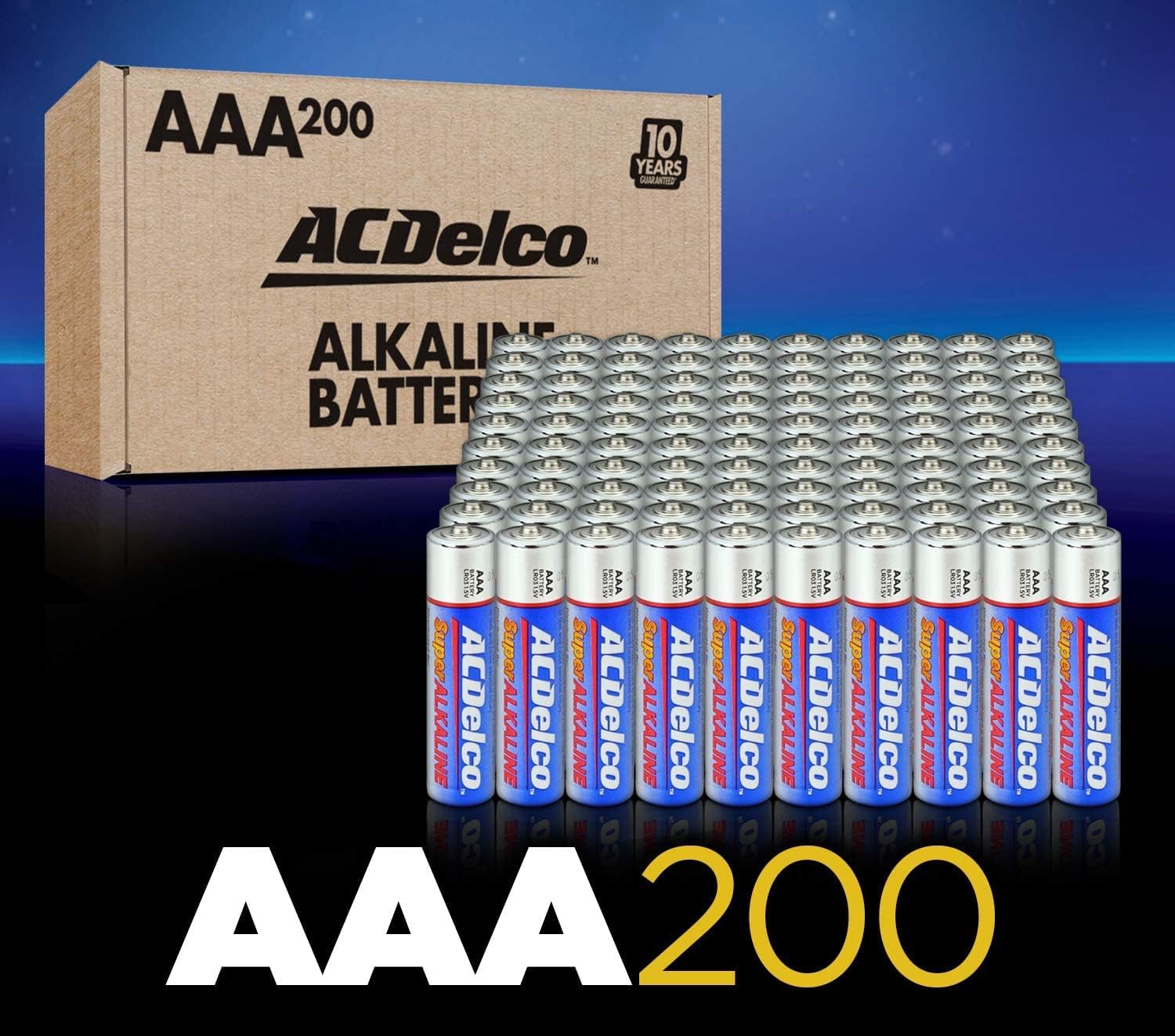 ACDelco AAA Batteries, Maximum Power Super Alkaline Battery, 10-Year Shelf Life, Recloseable Packaging, 200 Count Pack of 2