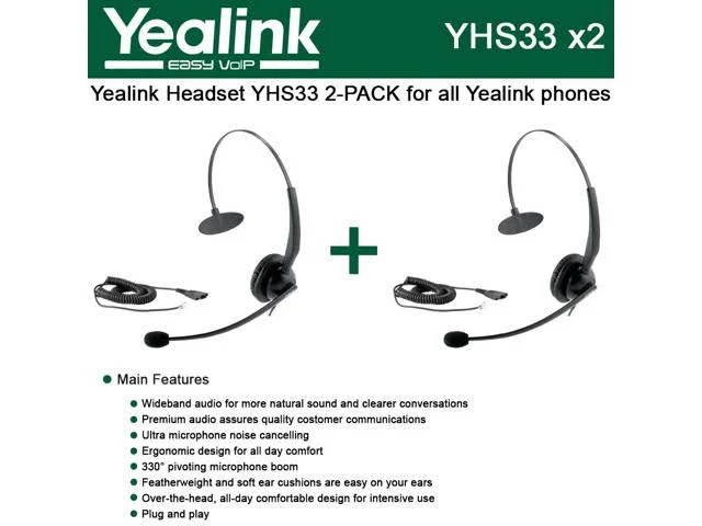 Yealink YHS33 2-Pack Wideband Headset for Yealink IP Phones, Plug and Play