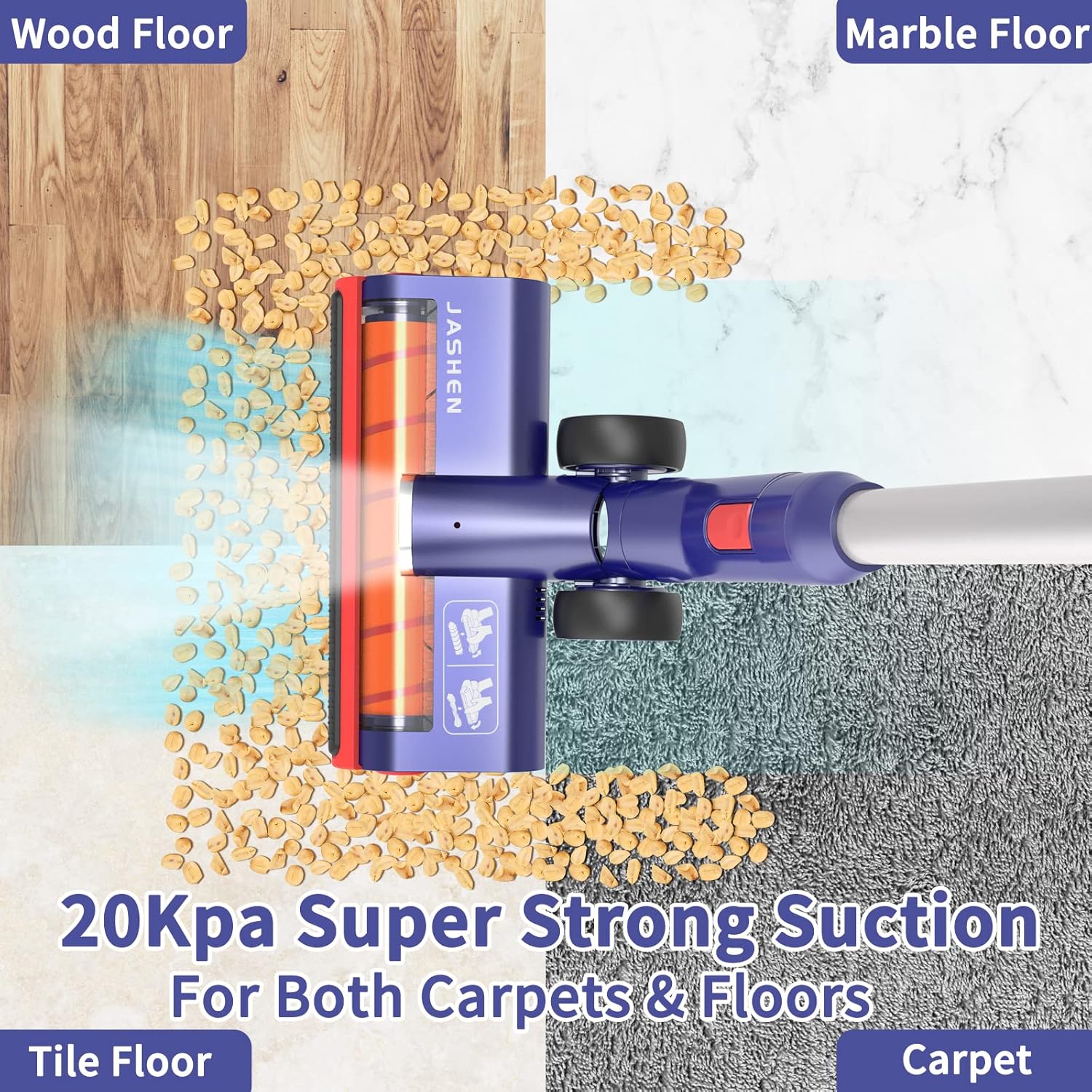 Cordless Vacuum Cleaner, JASHEN Stick Vacuum Cleaner 250W 6 in 1 for Hard Floor Carpet Pet Hair, Vacuum Cleaner Wireless Portable with 2000mAh Battery, HEPA Filter & Led Display