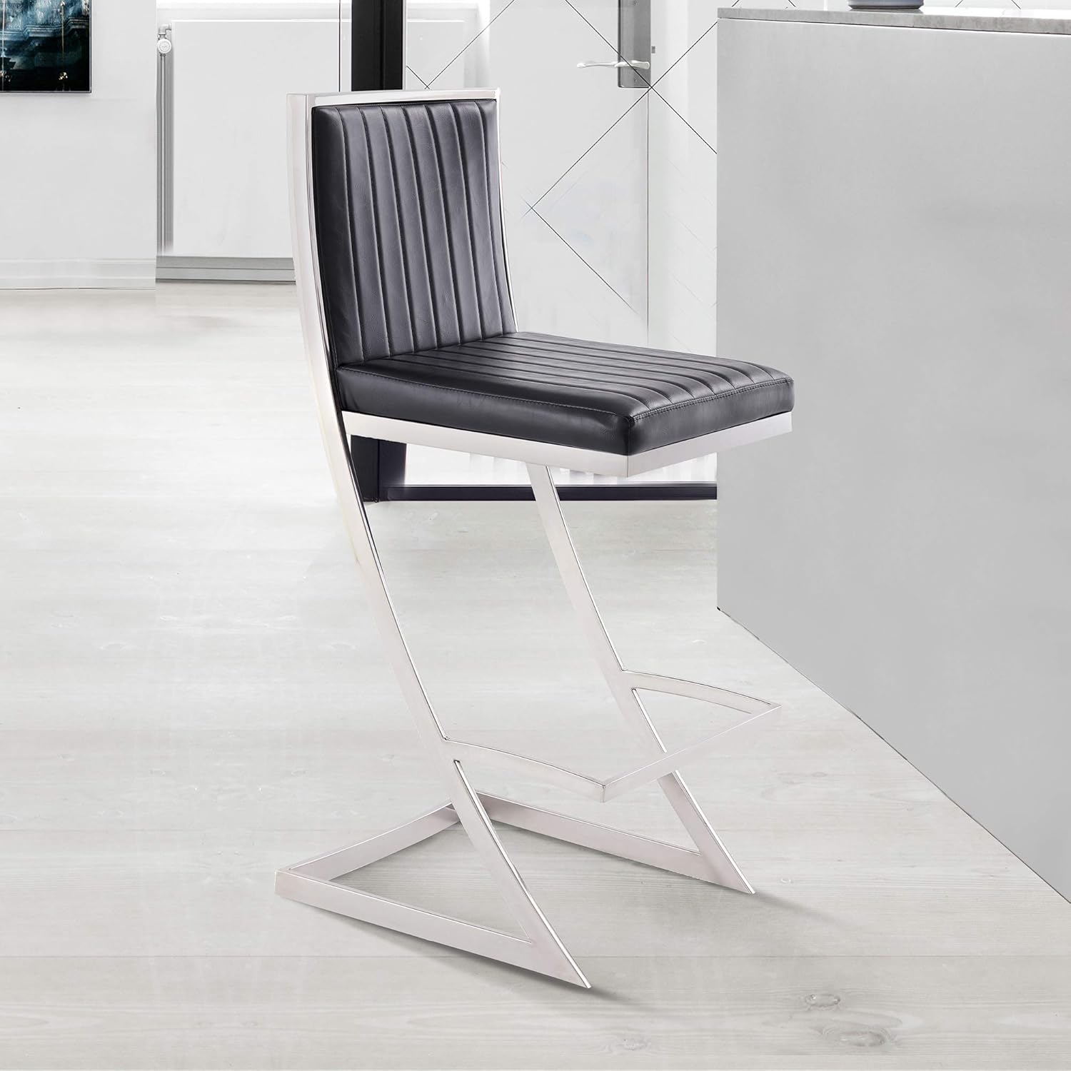 Marc Modern Black Faux Leather and Brushed Stainless Steel Bar and Counter Stool