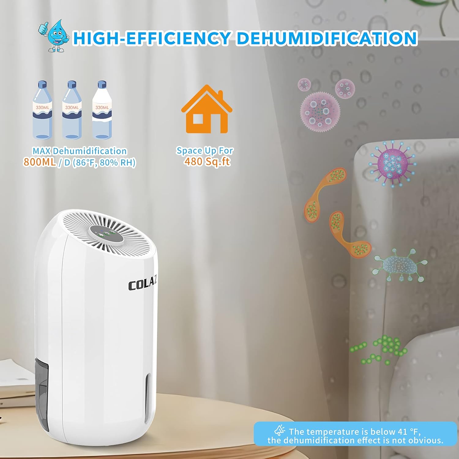 Dehumidifier For Home COLAZE 1800ML/60.87oz Electric Portable Dehumidifier for 480 Sq.ft, Small, Compact and Quiet Dehumidifier for Bedroom, Bathroom, Basement, Garage, Wardrobe, RV with 7 Color LED Light Pack of 2
