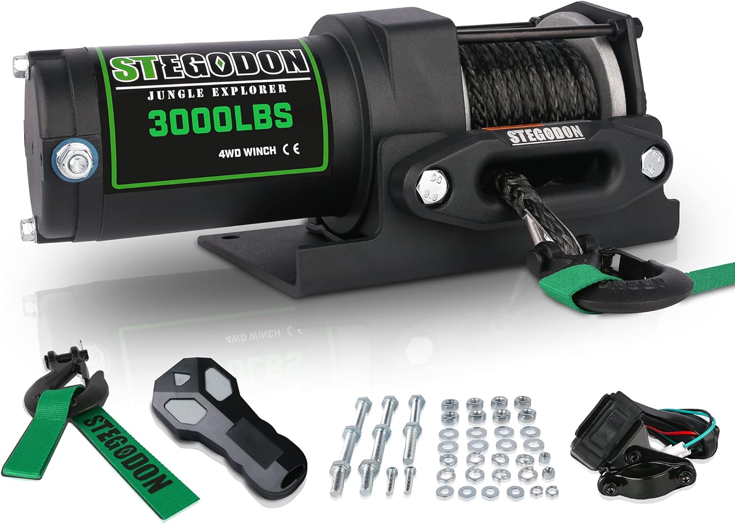 STEGODON New 3000 lb. Load Capacity Electric Winch,12V Synthetic Rope Winch with Wireless Handheld Remote and Wired Handle,Waterproof IP67 Electric Winch with Hawse Fairlead(All Black)