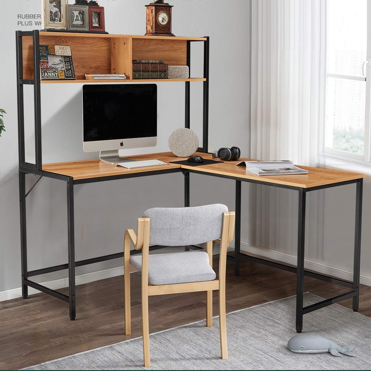 YOLENY 55 Inch L-Shaped Computer Desk with Hutch,Space-Saving Corner Desk with Storage Shelves,Home Office Desk Study Workstation for Home,Office