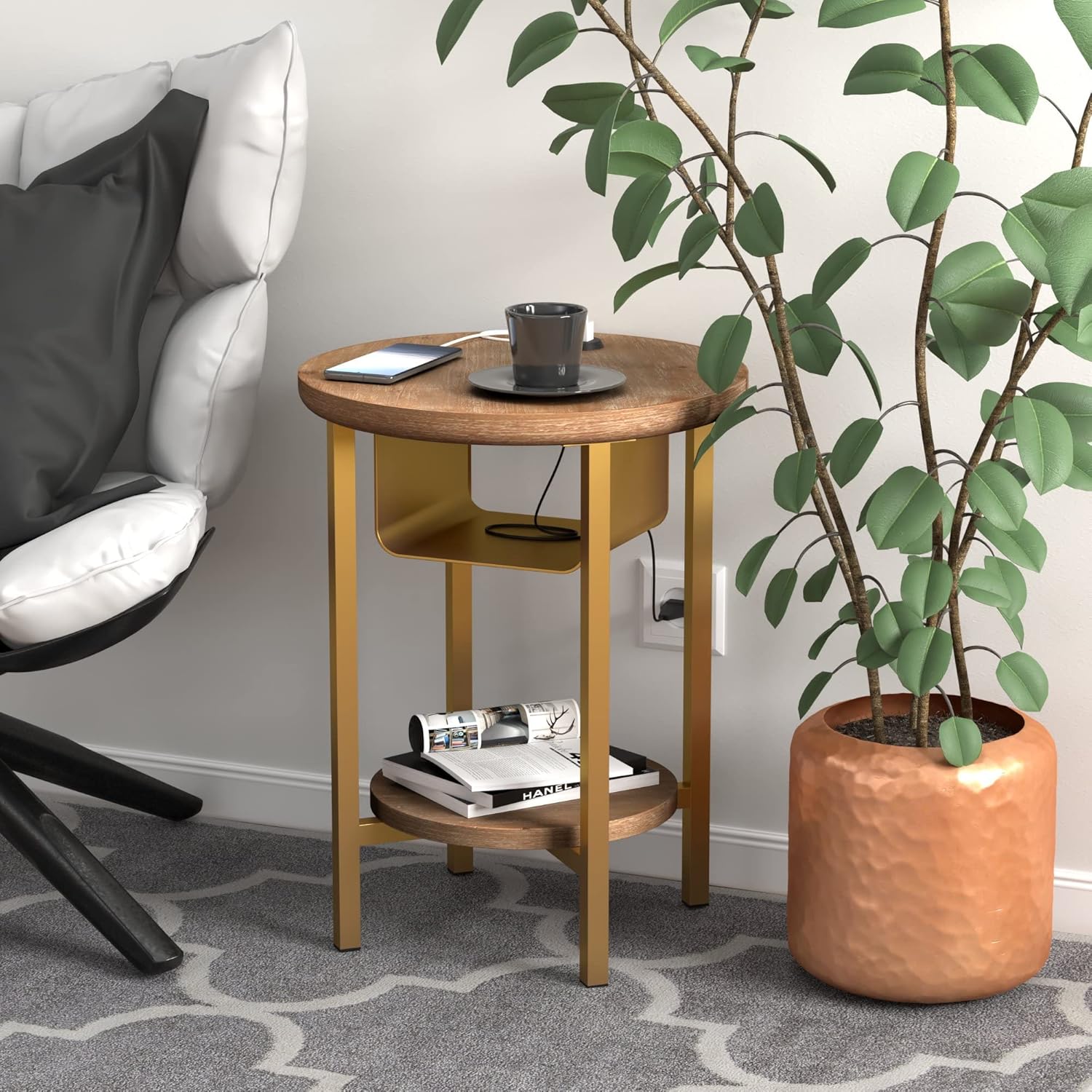 COZAYH Industrial Farmhouse Accent End Table with 2 USB Ports, Clean-Lined Modern Farmhouse Side Table Nightstand with Spacious Storage and Lower Shelf for Family, Bedroom